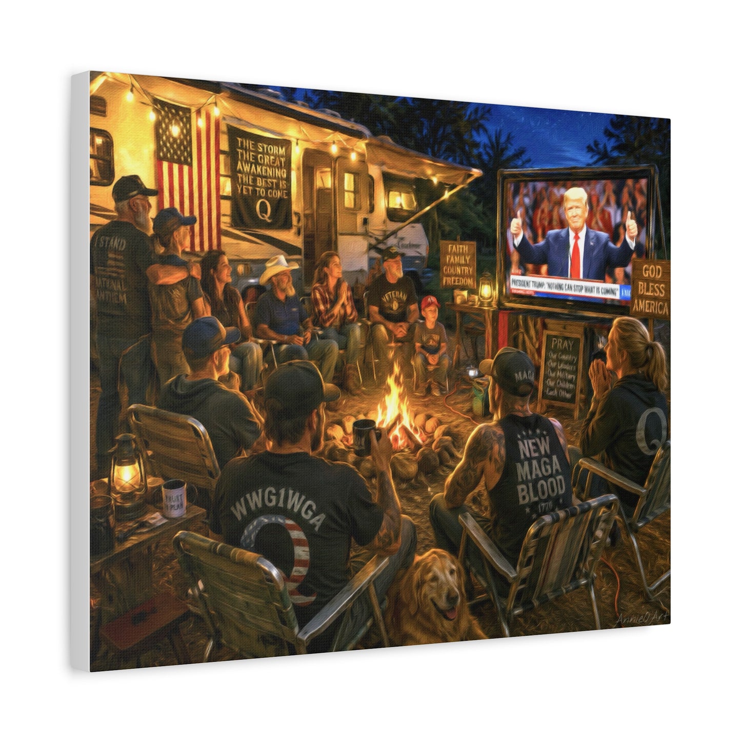 God Bless America—Campfire Scene Matte Canvas Wall Art - Patriotic RV Gathering with Trump TV—MAGA—WWG1WGA
