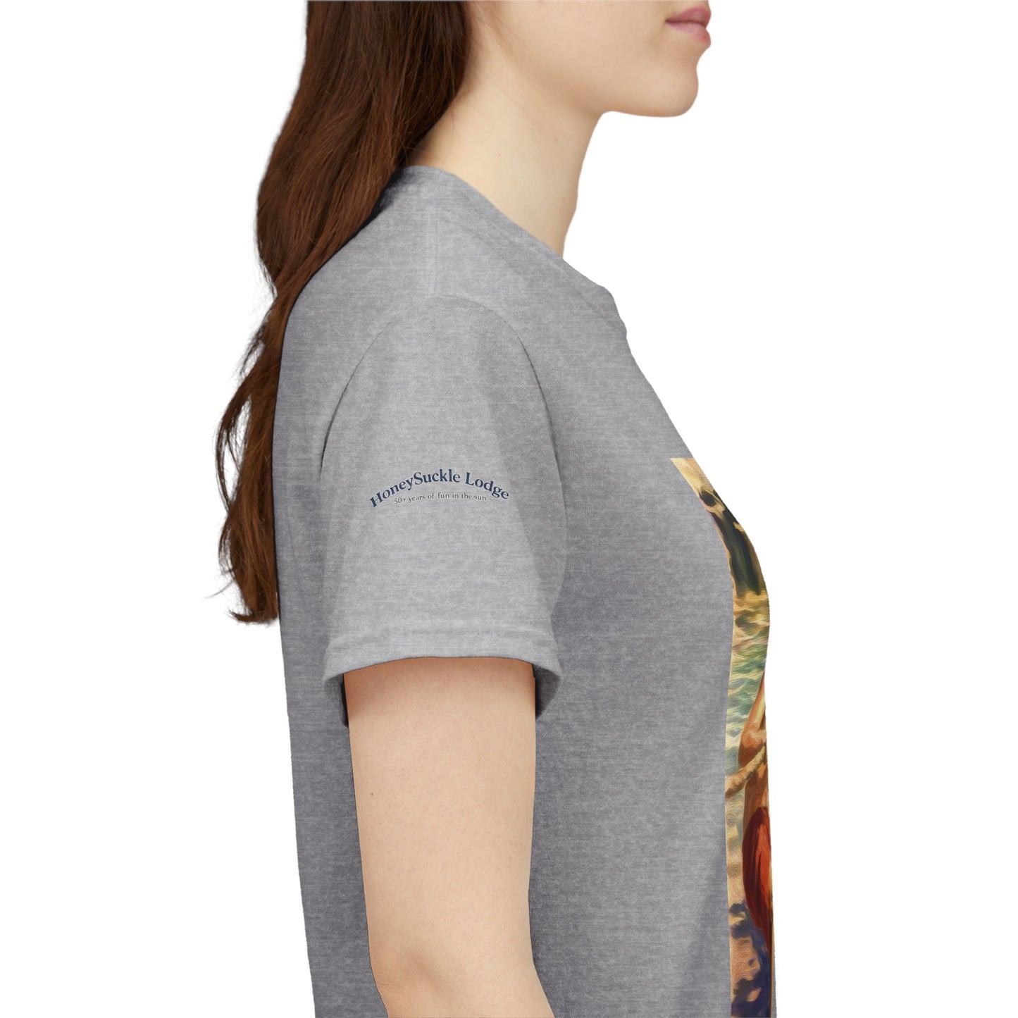 Honeysuckle Lodge Vintage Beach Print tee shirt front/back ("Honeysuckle Lodge - 50+ years of fun in the sun")
