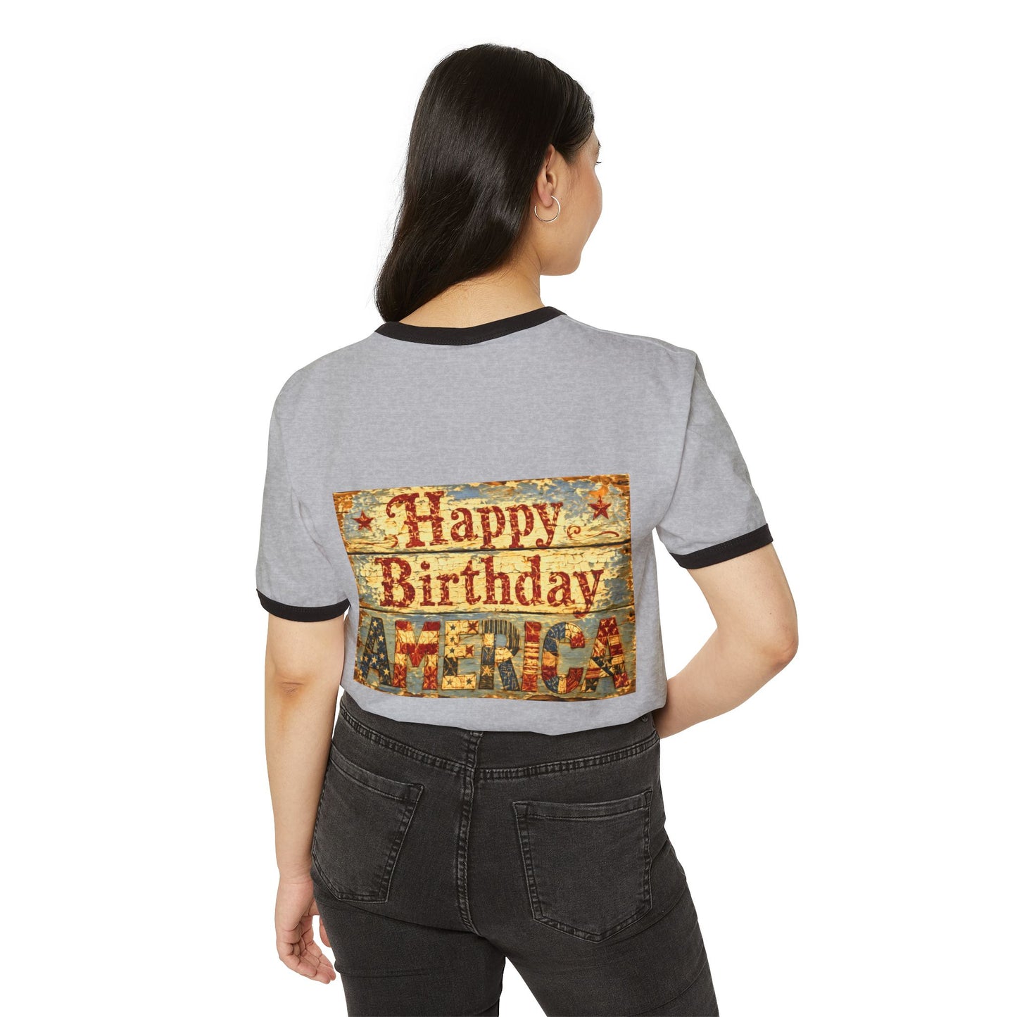 Patriotic "Happy Birthday America"—Front & Back Design Ringer T-Shirt