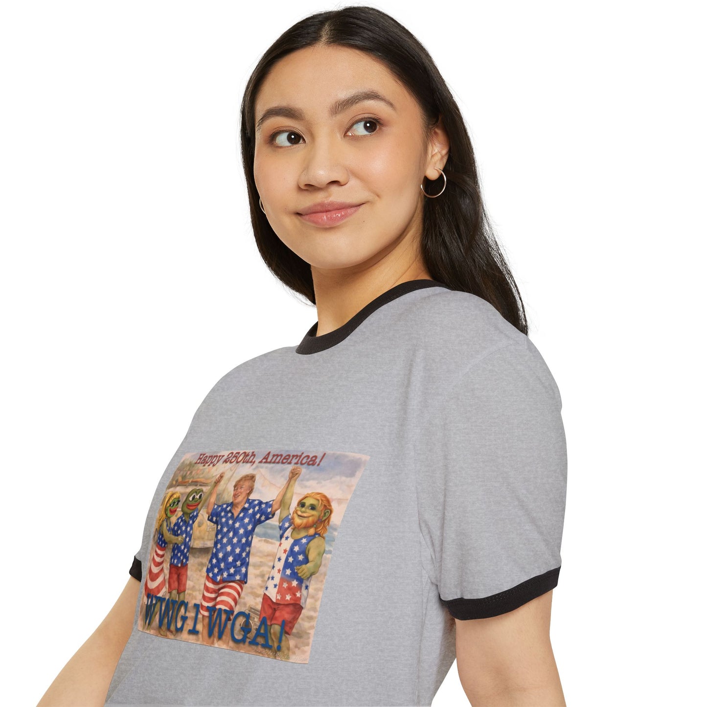 Patriotic Ringer T-Shirt — "Happy 250th, America!" WWG1WGA Graphic
