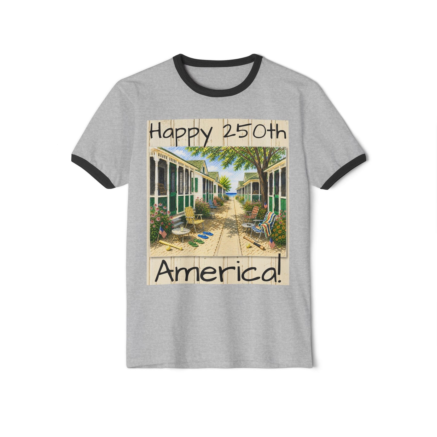 Happy 250th America Ringer T‑Shirt — Honeysuckle Lodge Vintage Beach Graphic
