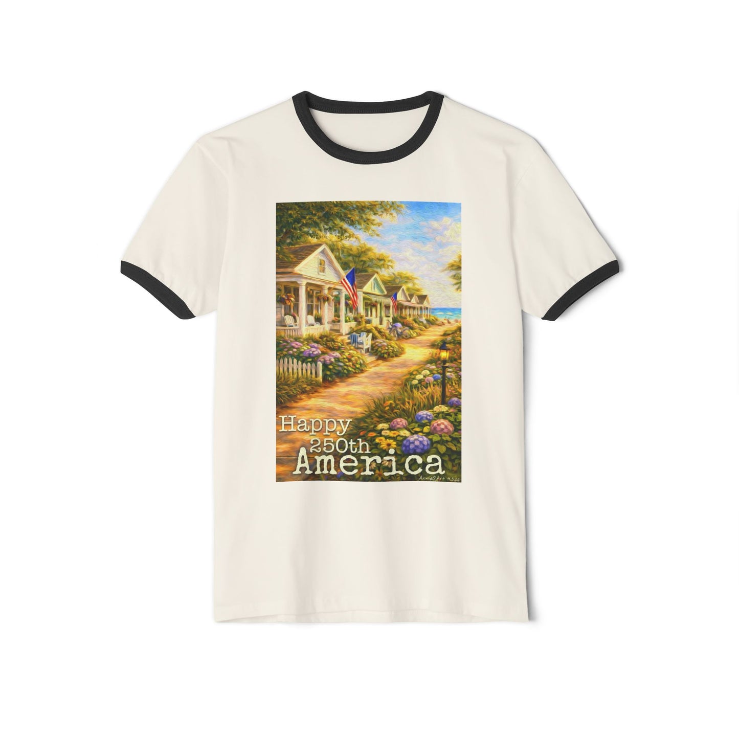 America 250th—4th of July Cottage Scene Ringer Tee