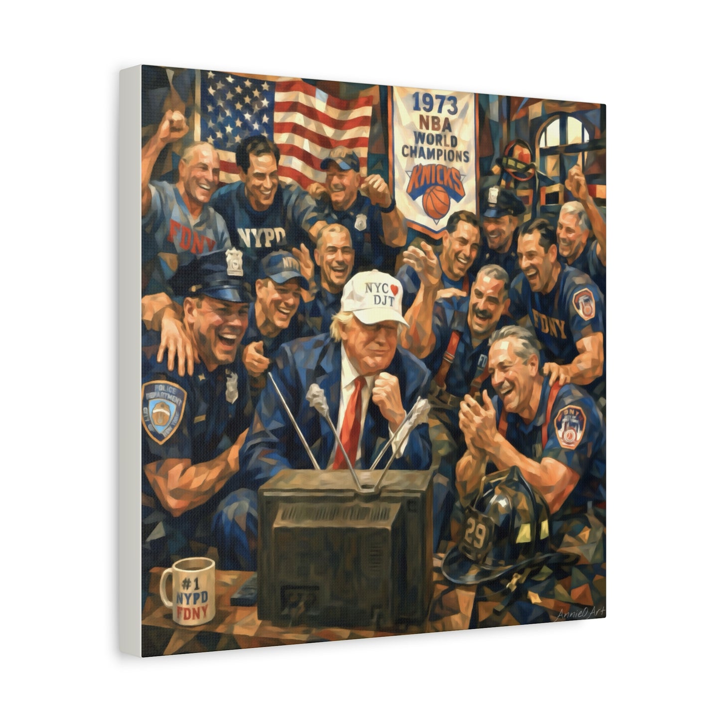 Trump Patriotic NYC Firefighters  Matte Stretched Canvas — Vintage NYPD Tribute Wall Art