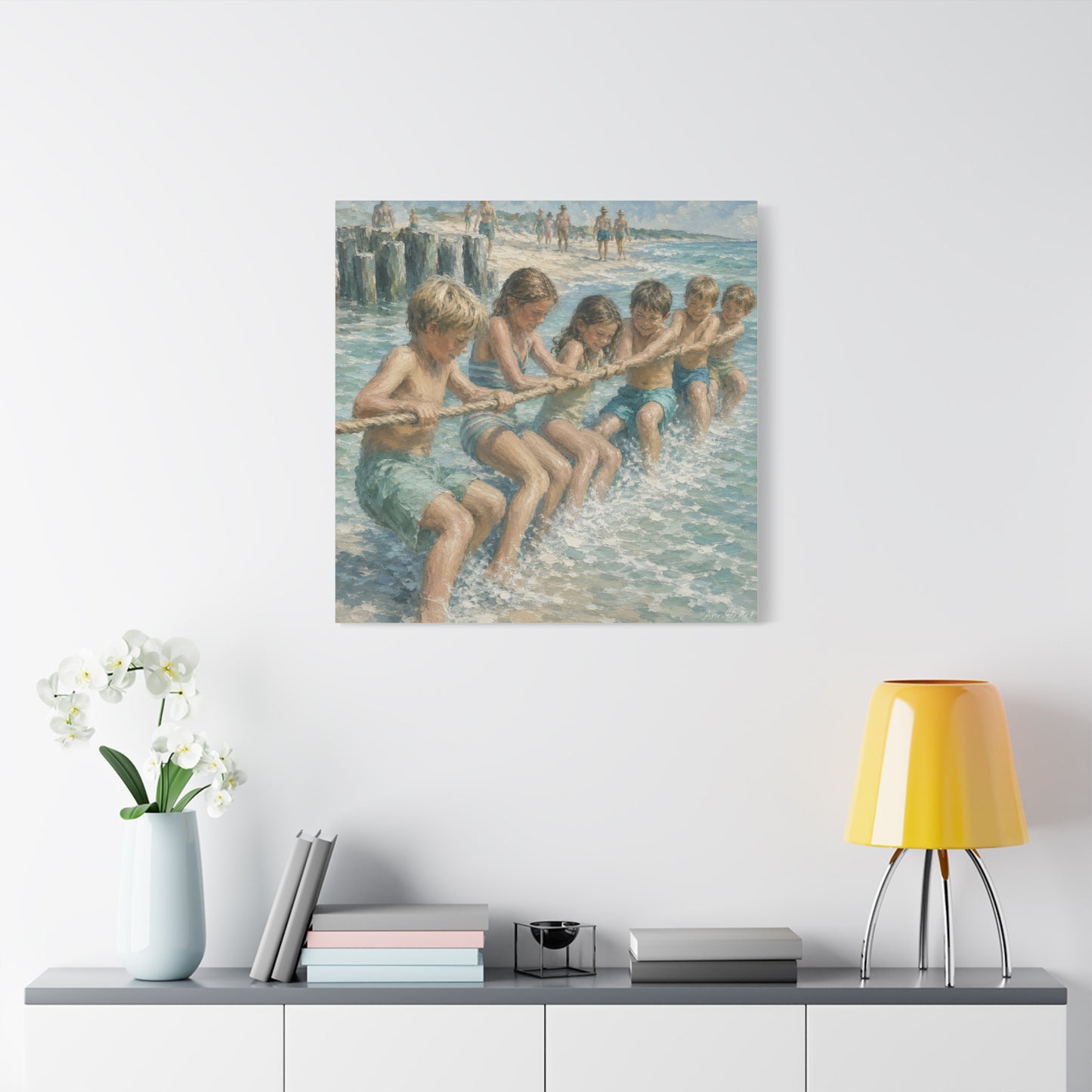 Beach Tug-of-War Matte Canvas Print — Vintage Seaside Children Wall Art