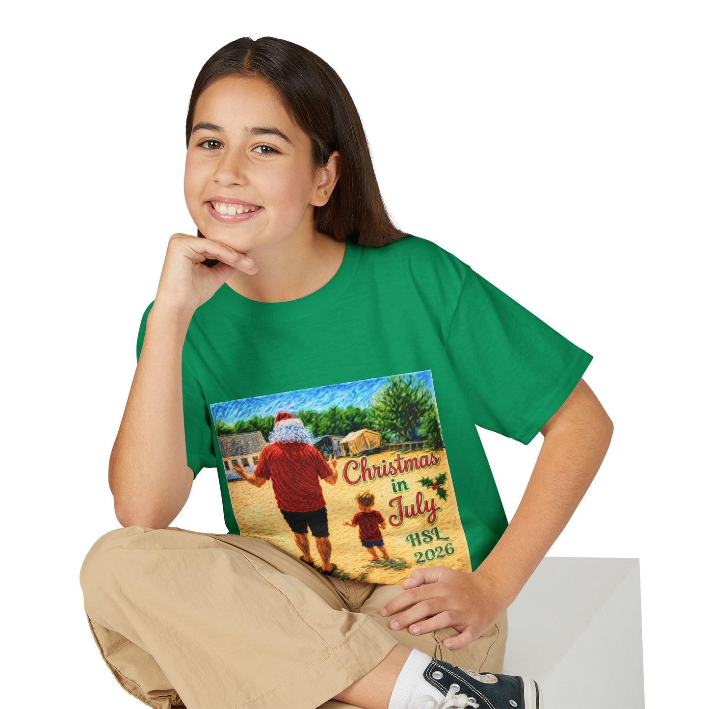 Youth T-Shirt — "Christmas in July" Beach Santa Kids Tee (HSL 2026)