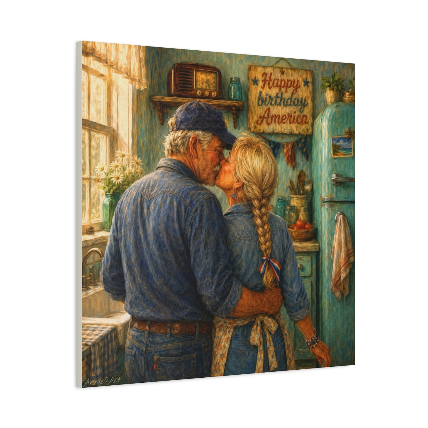 Patriotic Kitchen Romance Canvas Wall Art — "Happy Birthday America" Stretched Matte Print