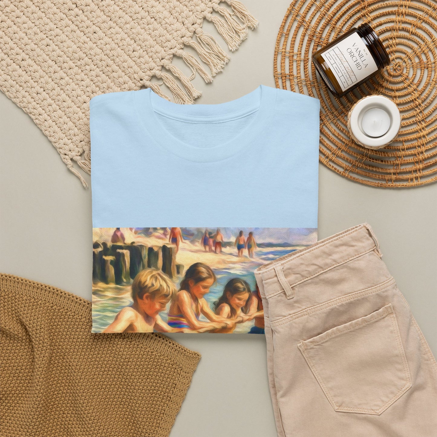 Honeysuckle Lodge Vintage Beach Print tee shirt front/back ("Honeysuckle Lodge - 50+ years of fun in the sun")