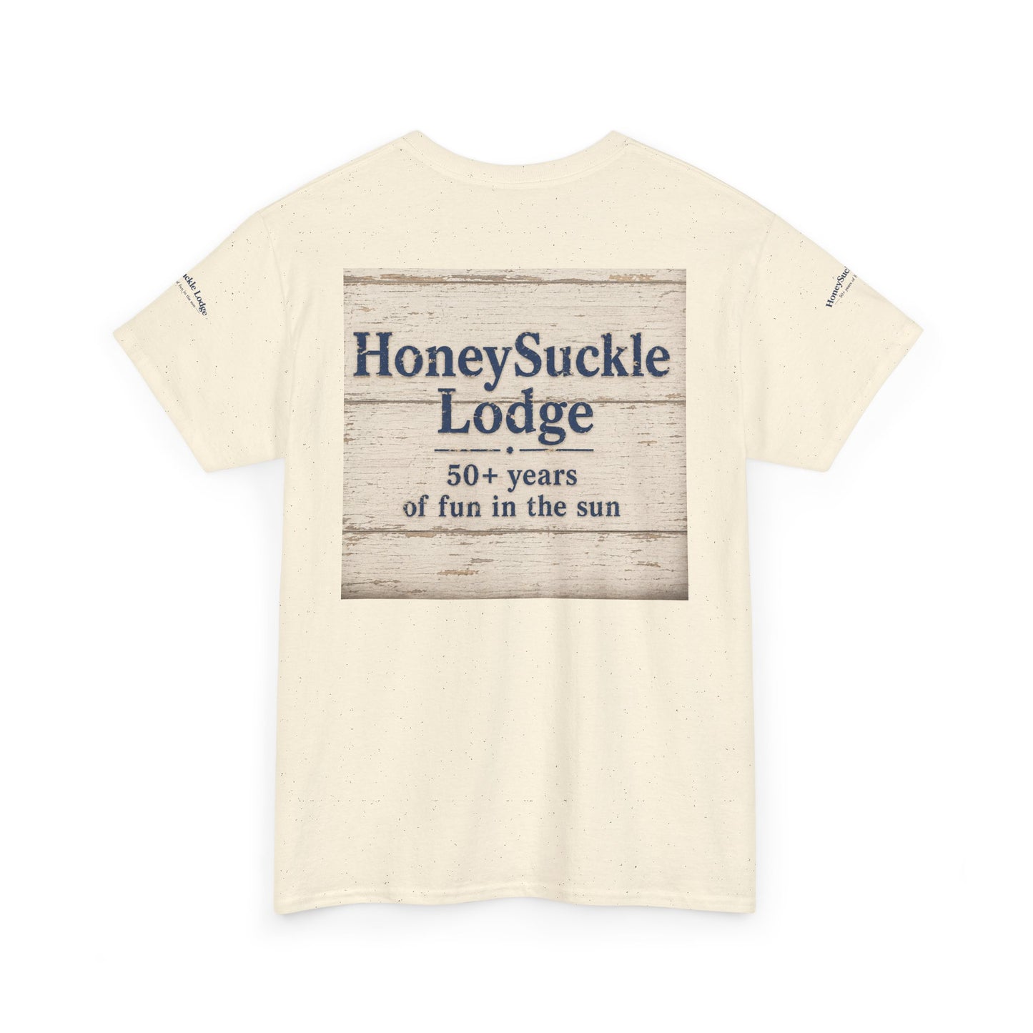 Honeysuckle Lodge Vintage Beach Print tee shirt front/back ("Honeysuckle Lodge - 50+ years of fun in the sun")