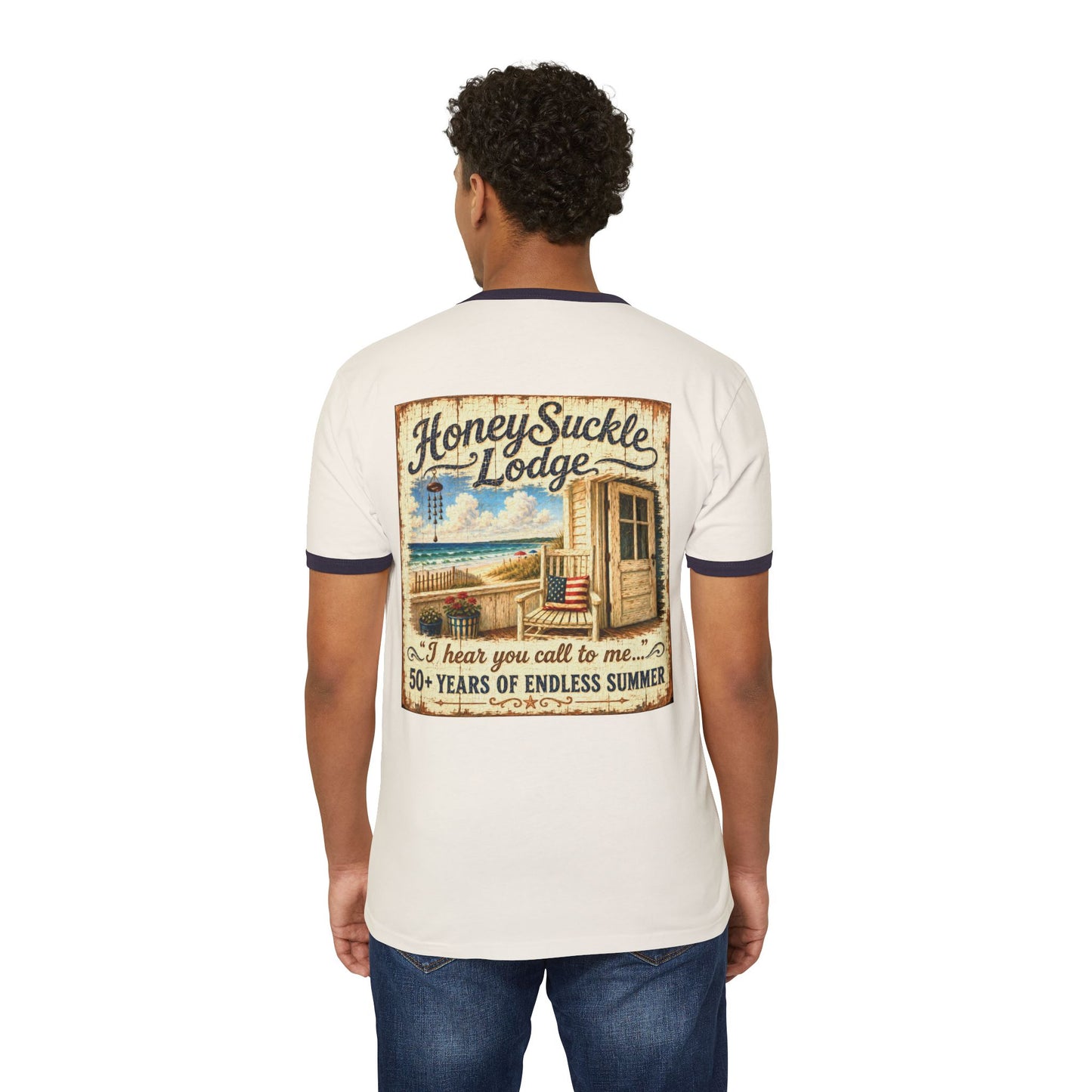 Happy 250th America Ringer T‑Shirt — Honeysuckle Lodge Vintage Beach Graphic