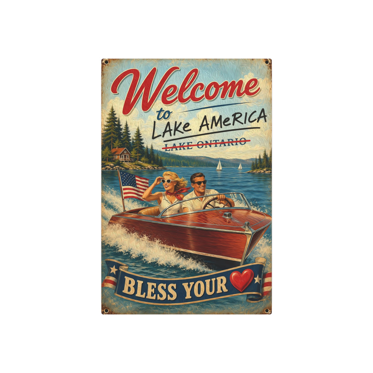 Welcome to Lake America Metal Sign – Vintage Boat Lake House Wall Art