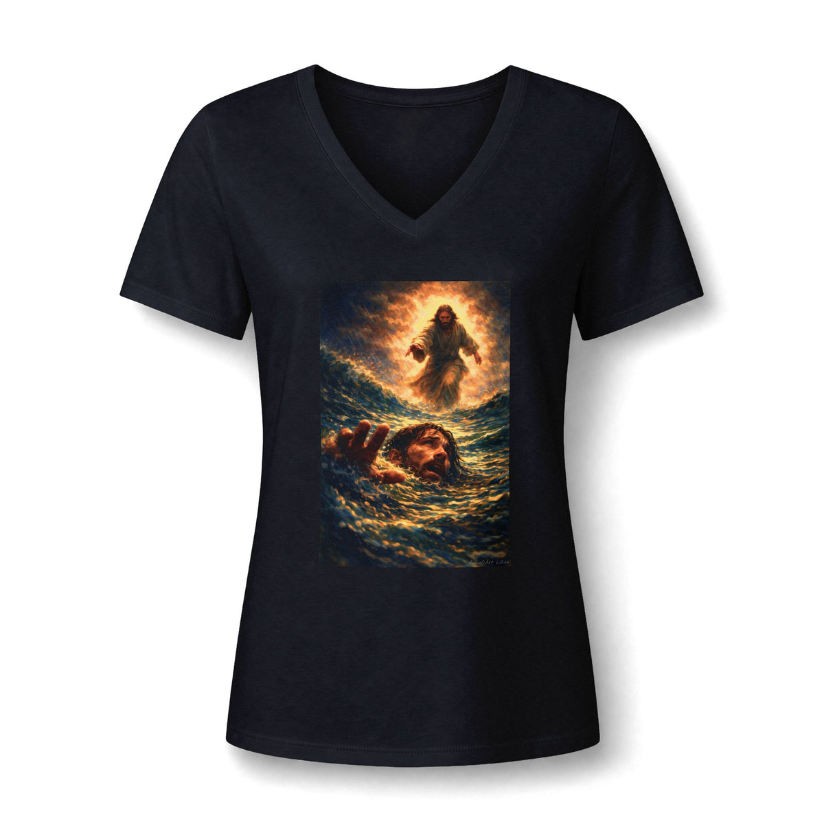 V-Neck Tee -Jesus Saving Peter—Walking on Water Christian Graphic Shirt