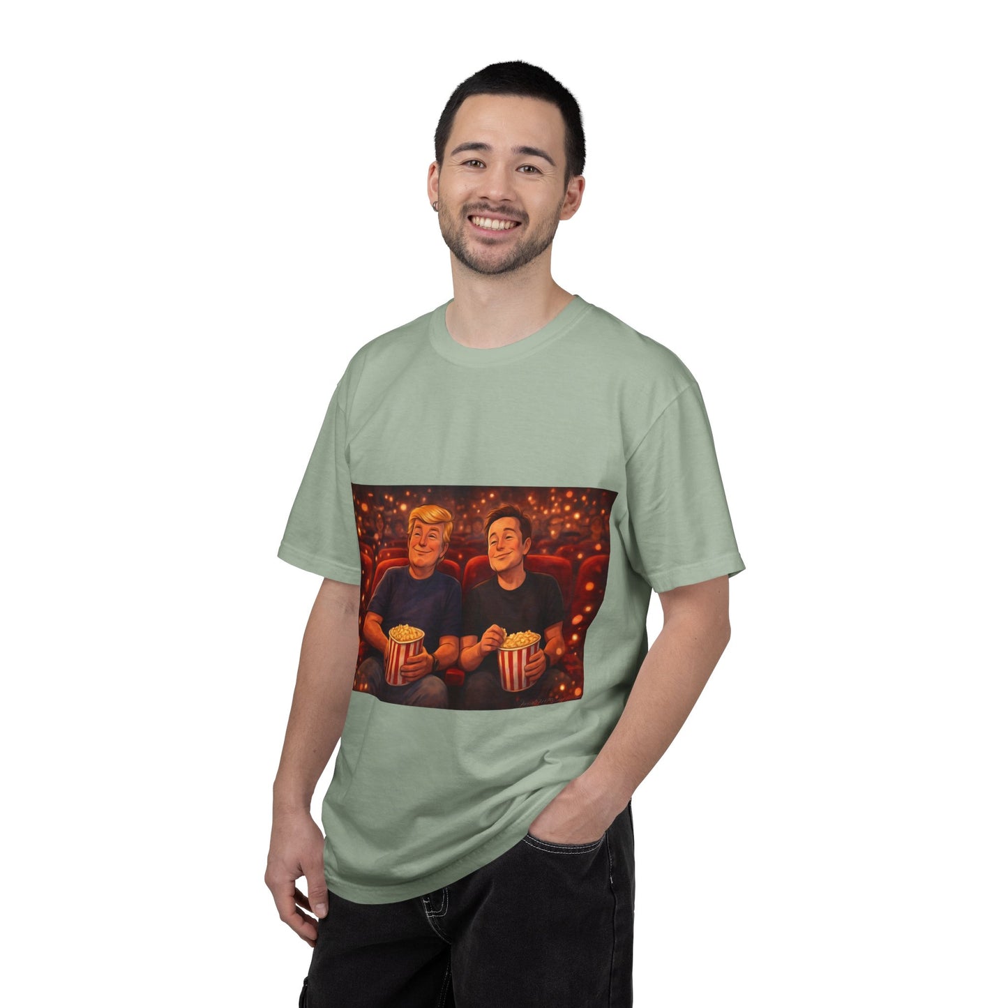 Trump & Elon—Movie Night Popcorn Tee — Cozy Cinematic Graphic T-Shirt