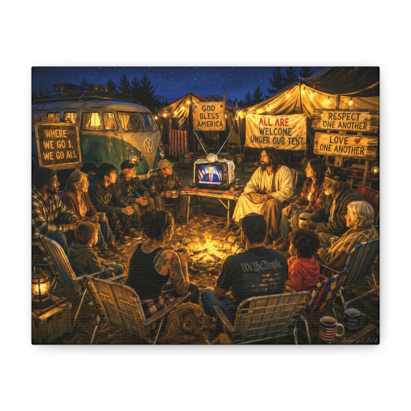 God Bless America—Campfire Fellowship Canvas Wall Art — 'All Are Welcome' Rustic Gathering Scene—MAGA—WWG1WGA