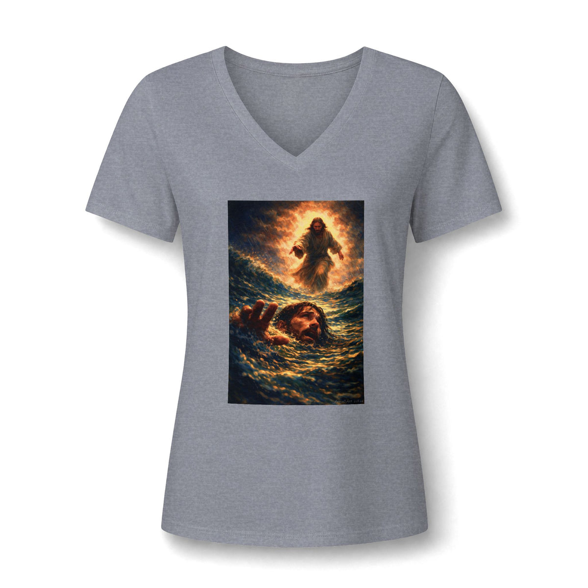 V-Neck Tee -Jesus Saving Peter—Walking on Water Christian Graphic Shirt
