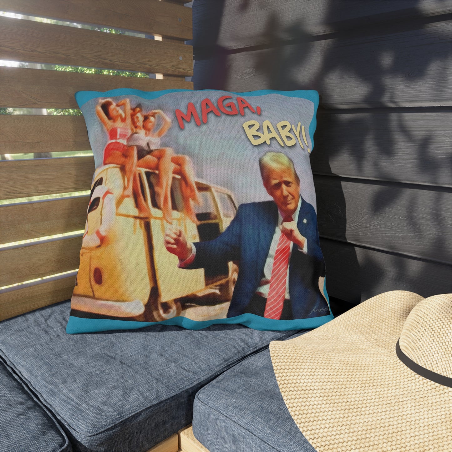 Political Graphic Outdoor Pillow — "MAGA, Baby!" Retro Beach Design