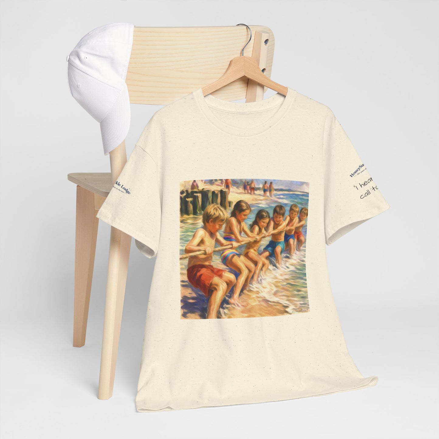 HoneySuckle Lodge Vintage Beach T-Shirt — "50+ years of fun in the sun" Retro Kids on Shore Design