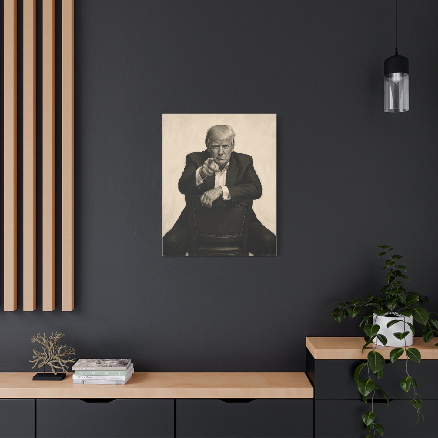 Trump Pointing Portrait Matte Canvas Print — Vintage-Style Seated Figure Wall Art