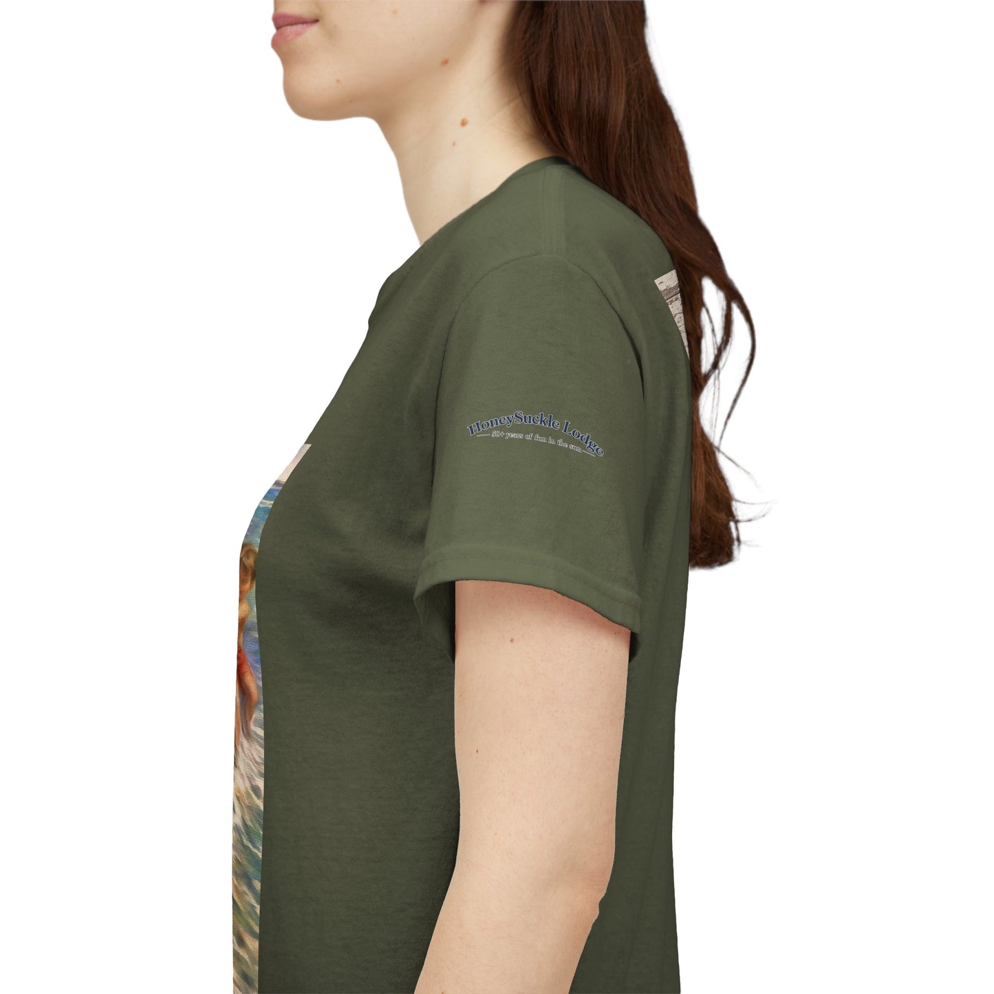 Honeysuckle Lodge Vintage Beach Print tee shirt front/back ("Honeysuckle Lodge - 50+ years of fun in the sun")