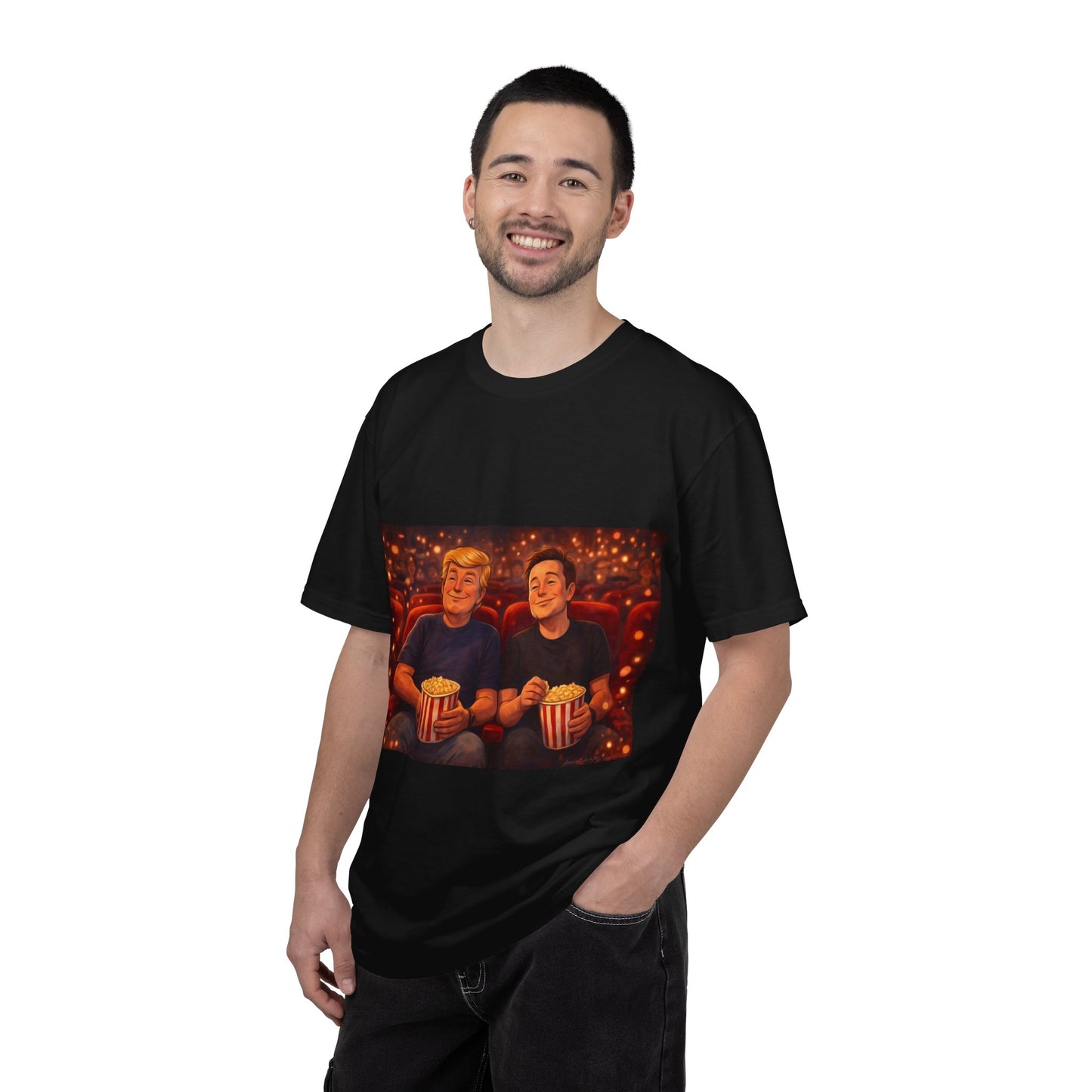 Trump & Elon—Movie Night Popcorn Tee — Cozy Cinematic Graphic T-Shirt
