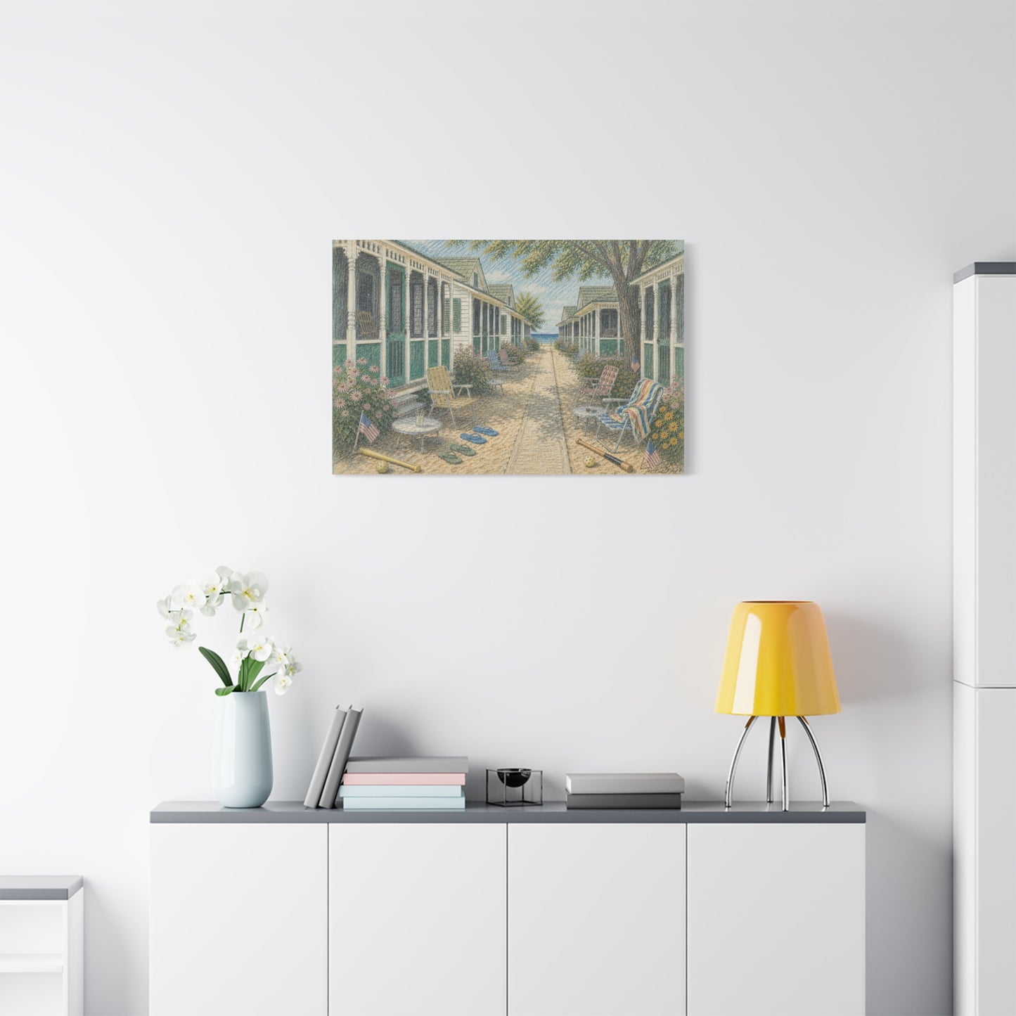 Beach Bungalow Alley Matte Canvas Wall Art — Coastal Seaside Print