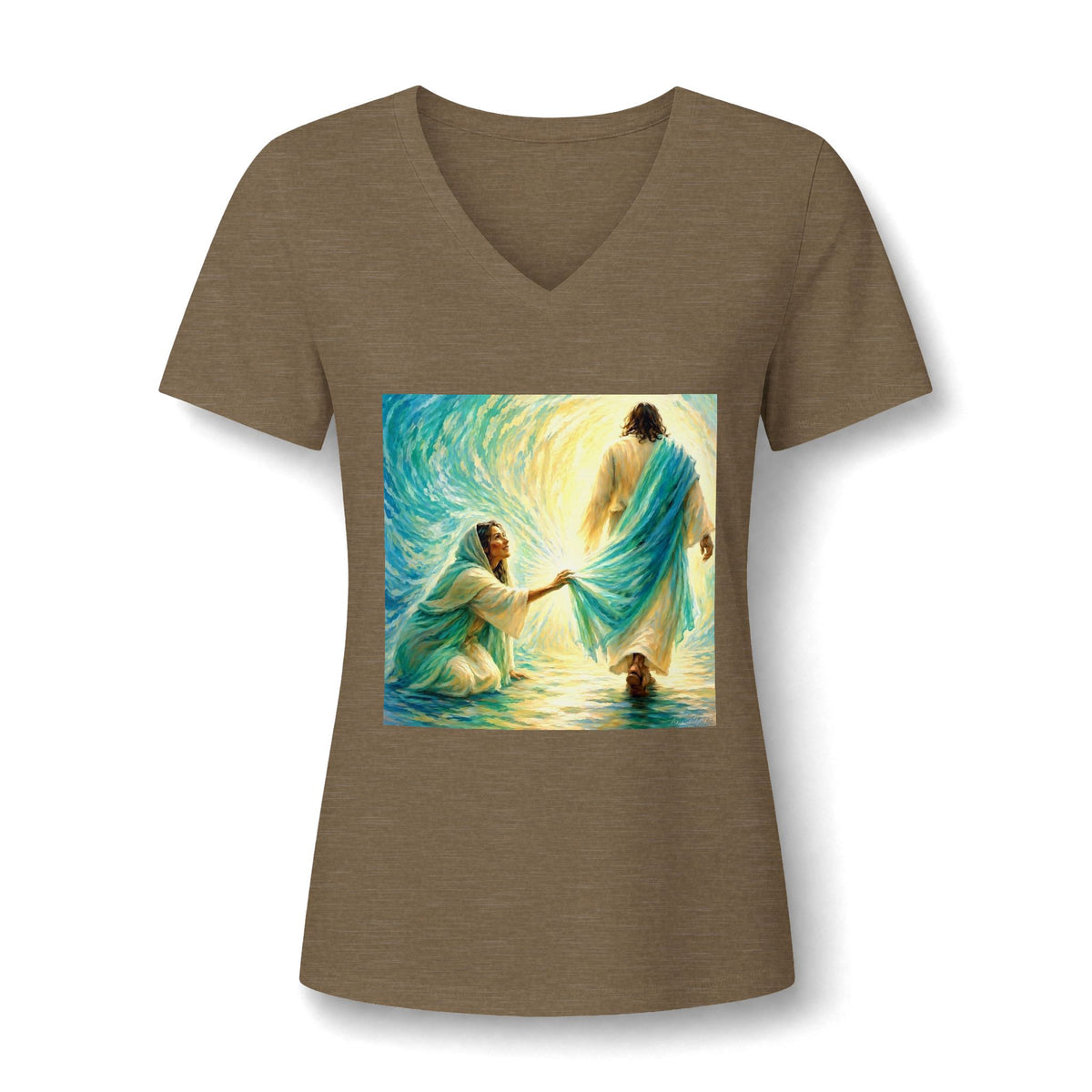 Women's V-Neck Tee — 'He Lifts Us' Christian Inspirational Graphic Shirt