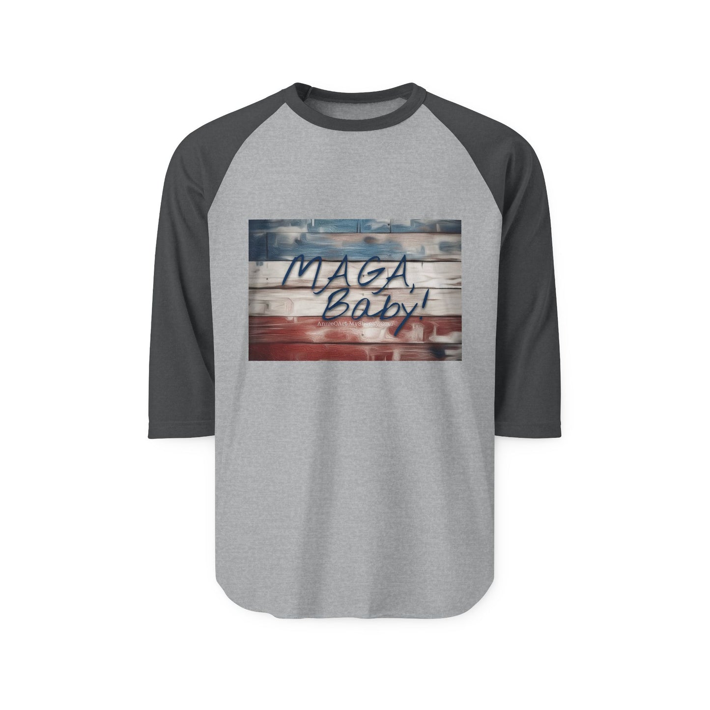 Raglan Shirt — "MAGA Baby" Distressed American Flag Baseball Tee
