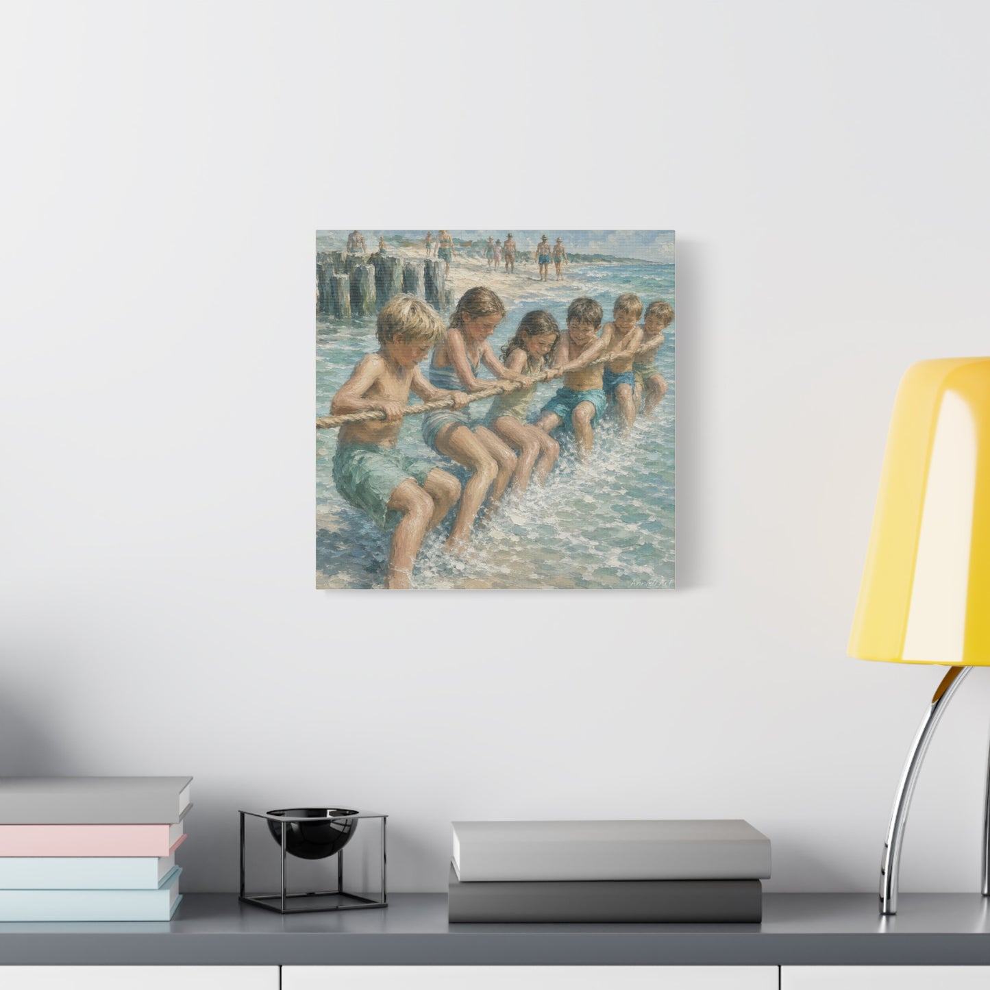 Beach Tug-of-War Matte Canvas Print — Vintage Seaside Children Wall Art