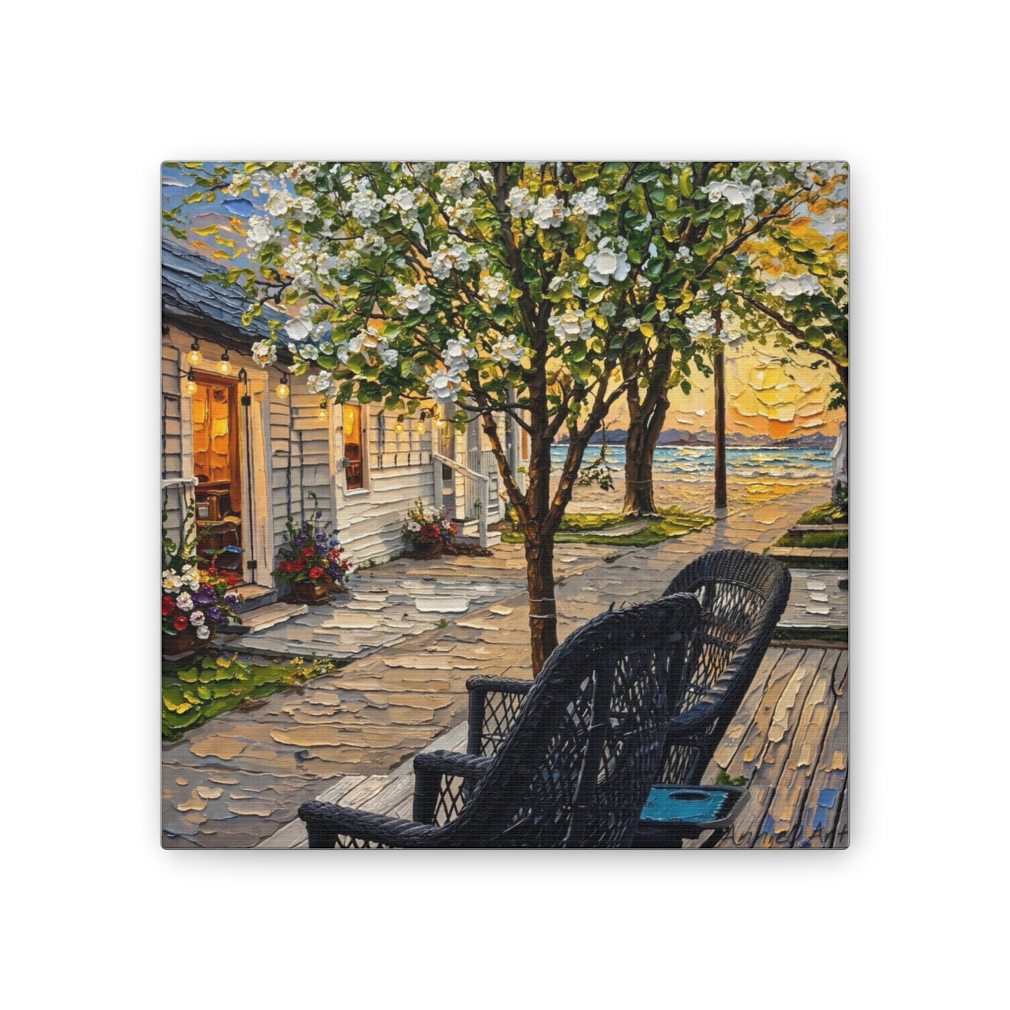 Bungalow Porch Canvas Wall Art — Sunny Cottage Sunset Stretched Canvas