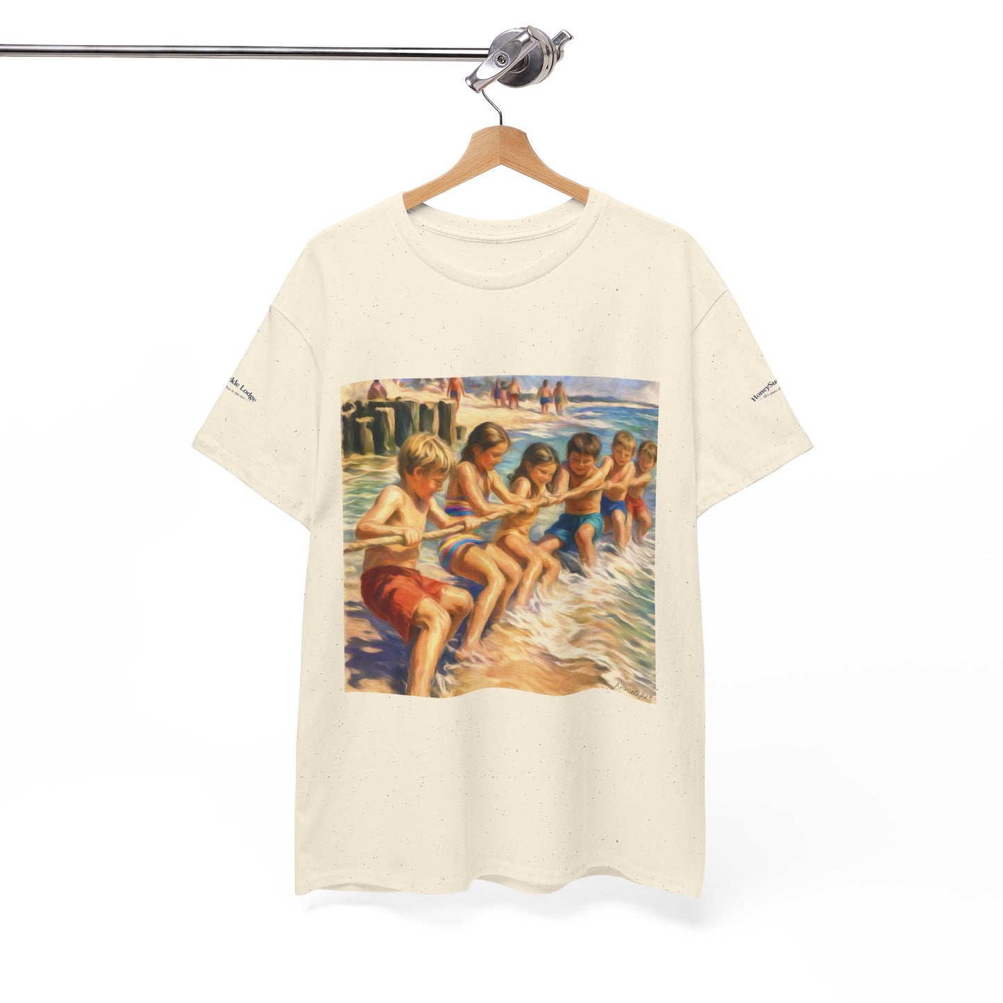 Honeysuckle Lodge Vintage Beach Print tee shirt front/back ("Honeysuckle Lodge - 50+ years of fun in the sun")