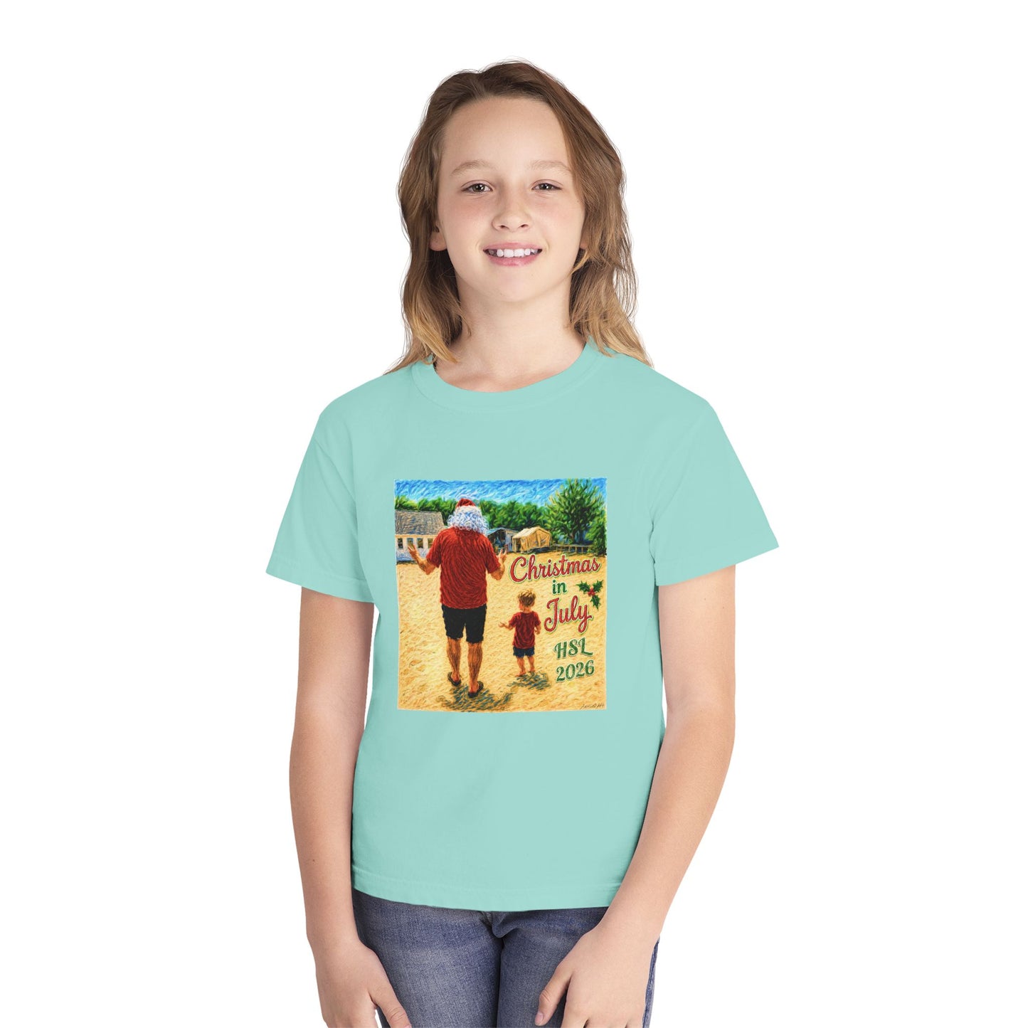 Dry-Blend Youth Tee — "Christmas in July" Beach Design 2026
