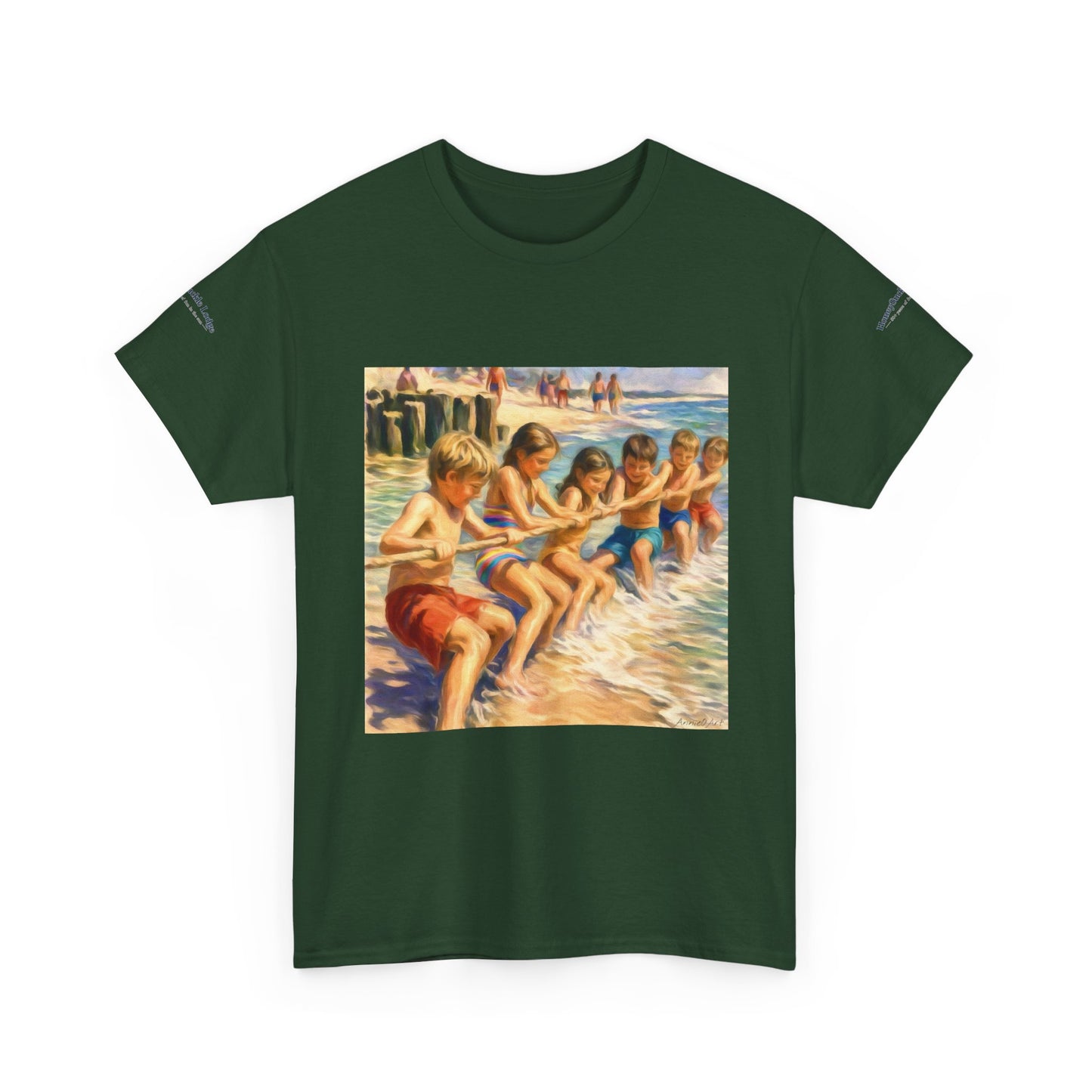 Honeysuckle Lodge Vintage Beach Print tee shirt front/back ("Honeysuckle Lodge - 50+ years of fun in the sun")