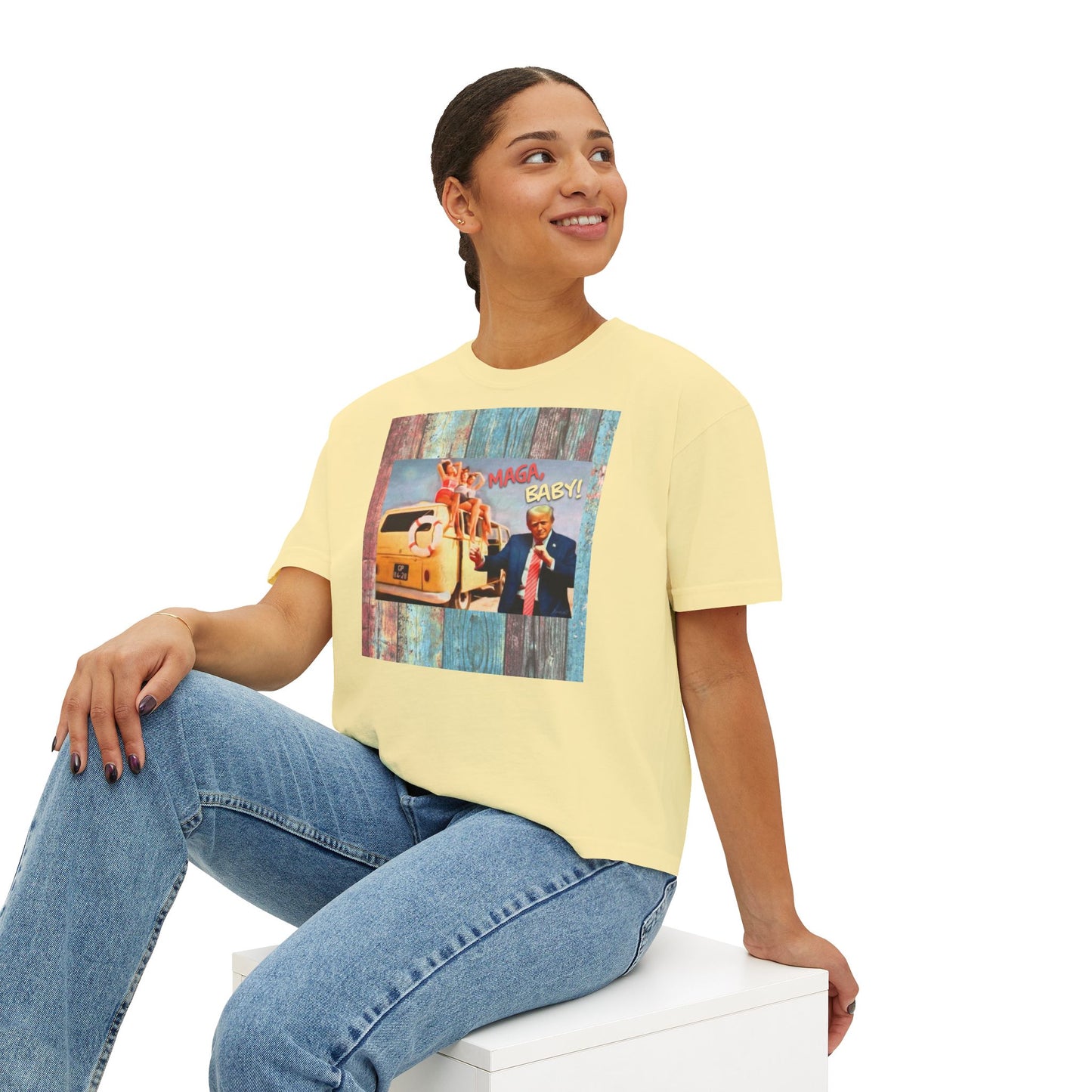 Beach scene w DJT dancing Retro VW van “MAGA, baby!” —Graphic Boxy Tee — Vintage Roadtrip/Rally tee Women's Shirt
