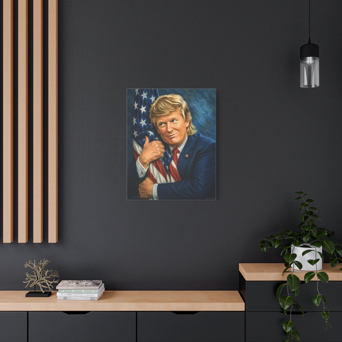 Trump Hugging American Flag— Portrait Canvas