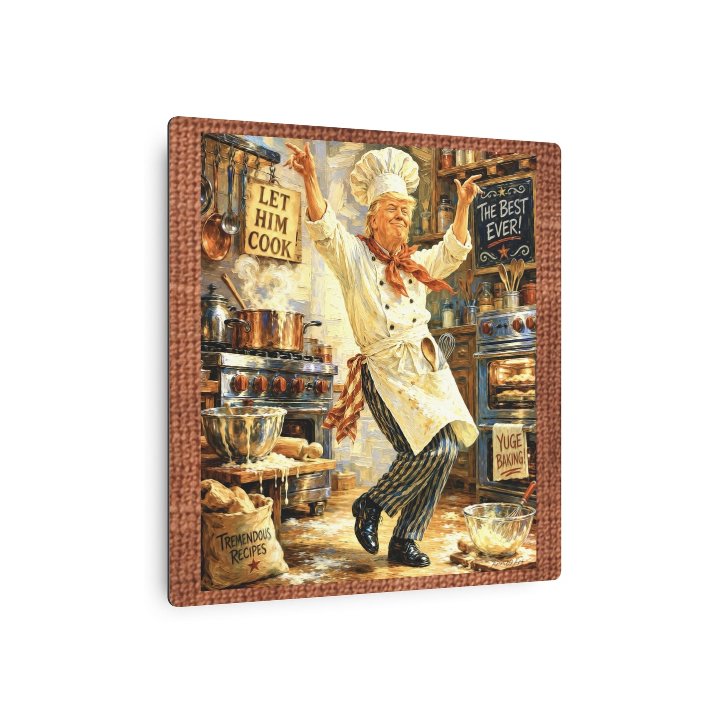 Trump Chef Dancing Metal Art Sign – "Let Him Cook" Kitchen Wall Decor