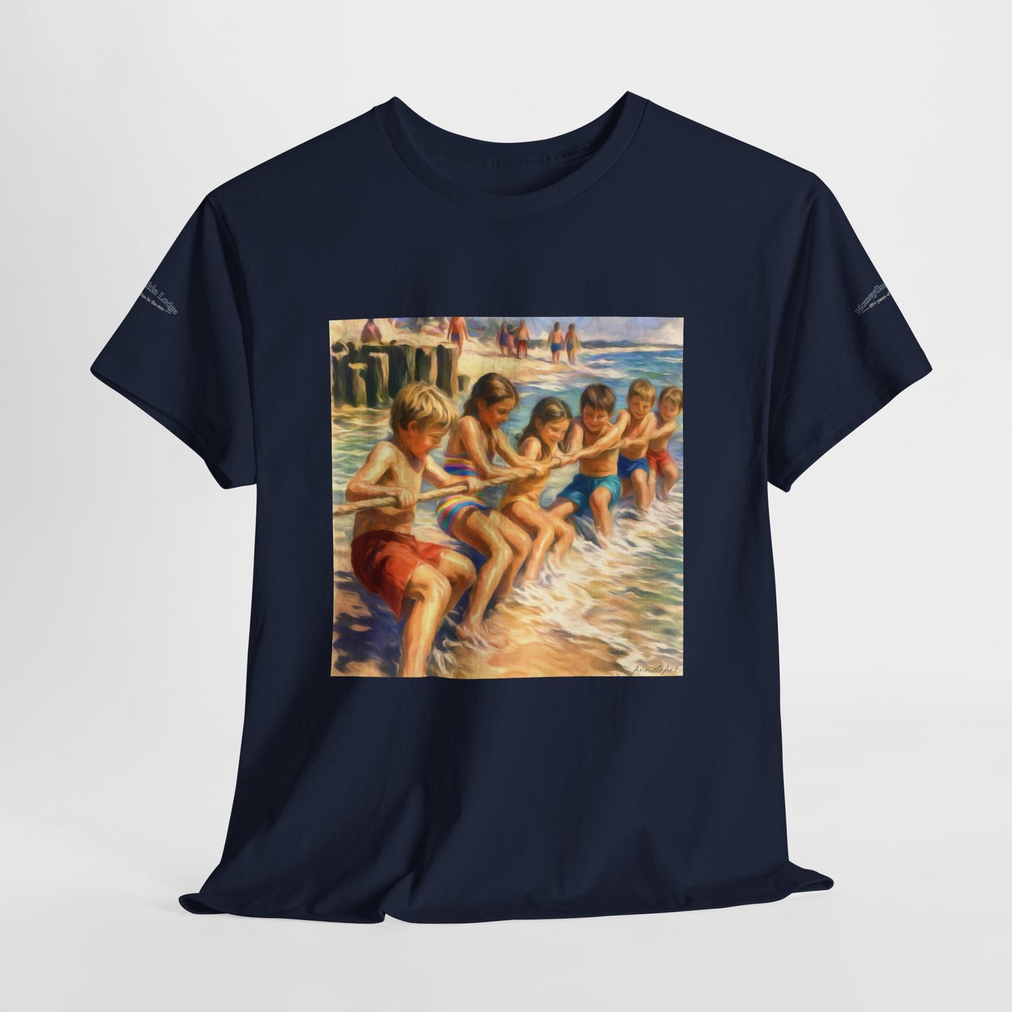 Honeysuckle Lodge Vintage Beach Print tee shirt front/back ("Honeysuckle Lodge - 50+ years of fun in the sun")