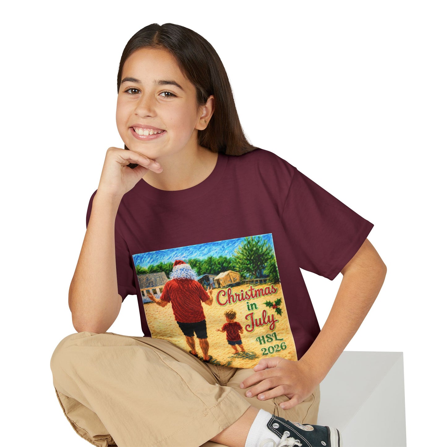 Youth T-Shirt — "Christmas in July" Beach Santa Kids Tee (HSL 2026)