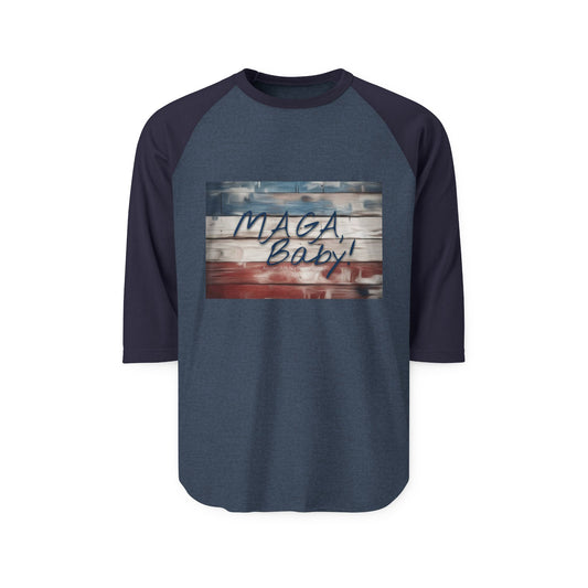 Raglan Shirt — "MAGA Baby" Distressed American Flag Baseball Tee