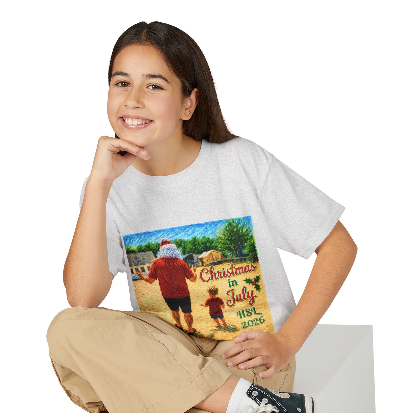 Youth T-Shirt — "Christmas in July" Beach Santa Kids Tee (HSL 2026)
