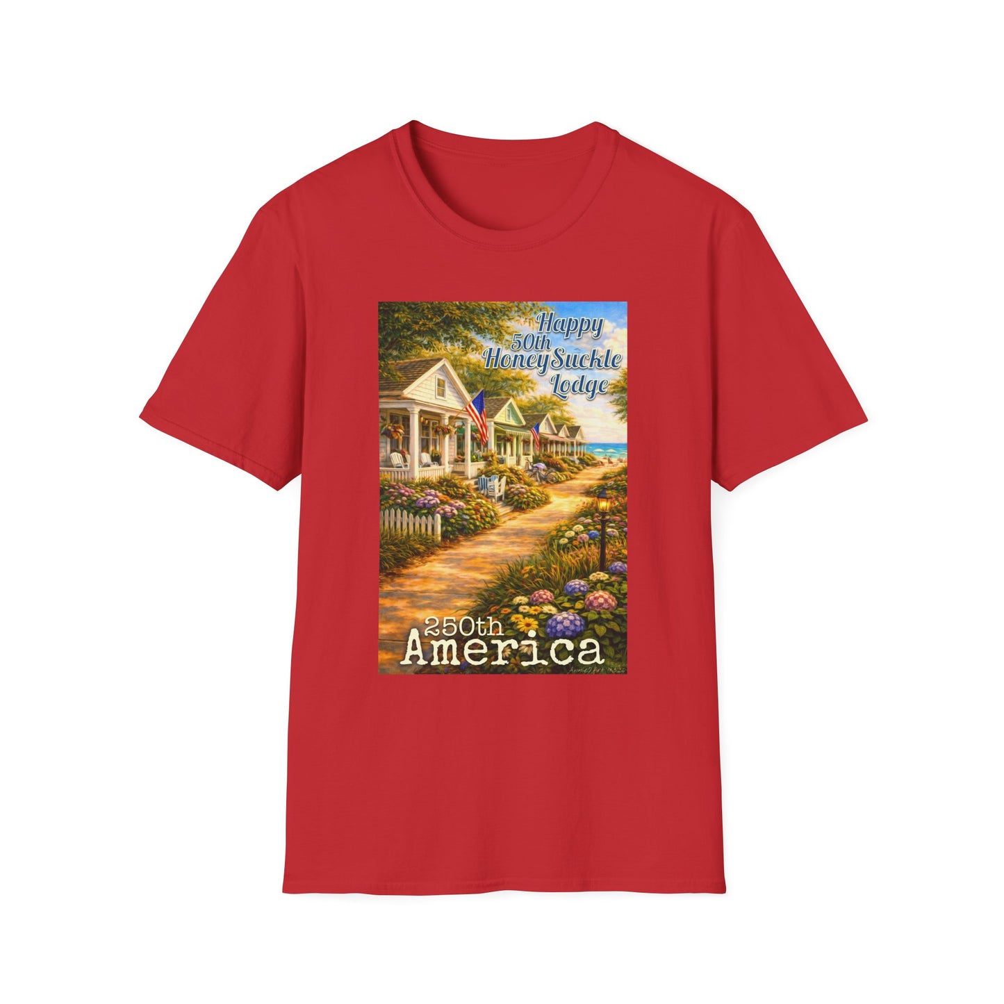 HoneySuckle Lodge 50th—America 250th Bungalow Path T-Shirt —Front & Back Design- Happy 250th Anniversary USA Patriotic Tee