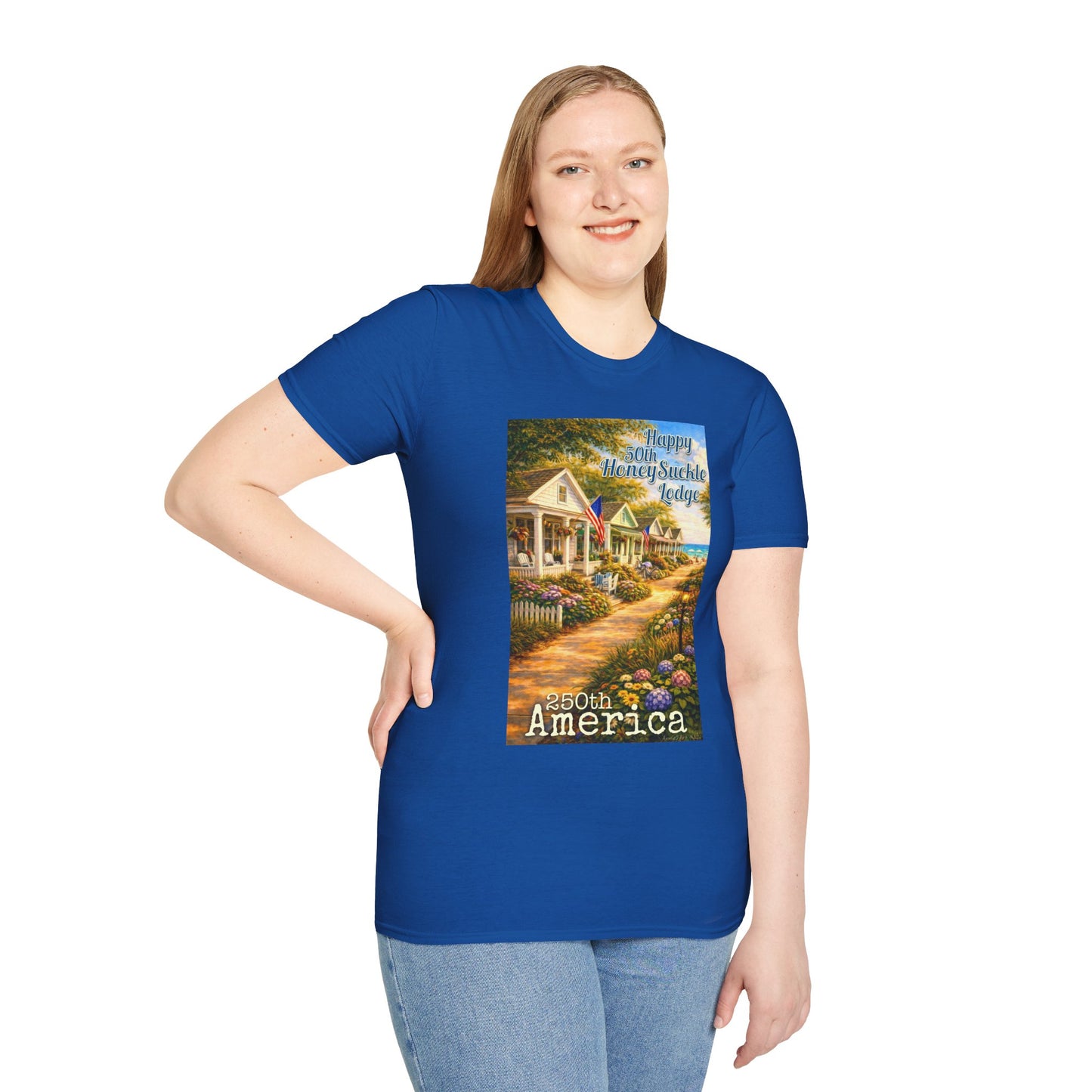 HoneySuckle Lodge 50th—America 250th Bungalow Path T-Shirt —Front & Back Design- Happy 250th Anniversary USA Patriotic Tee