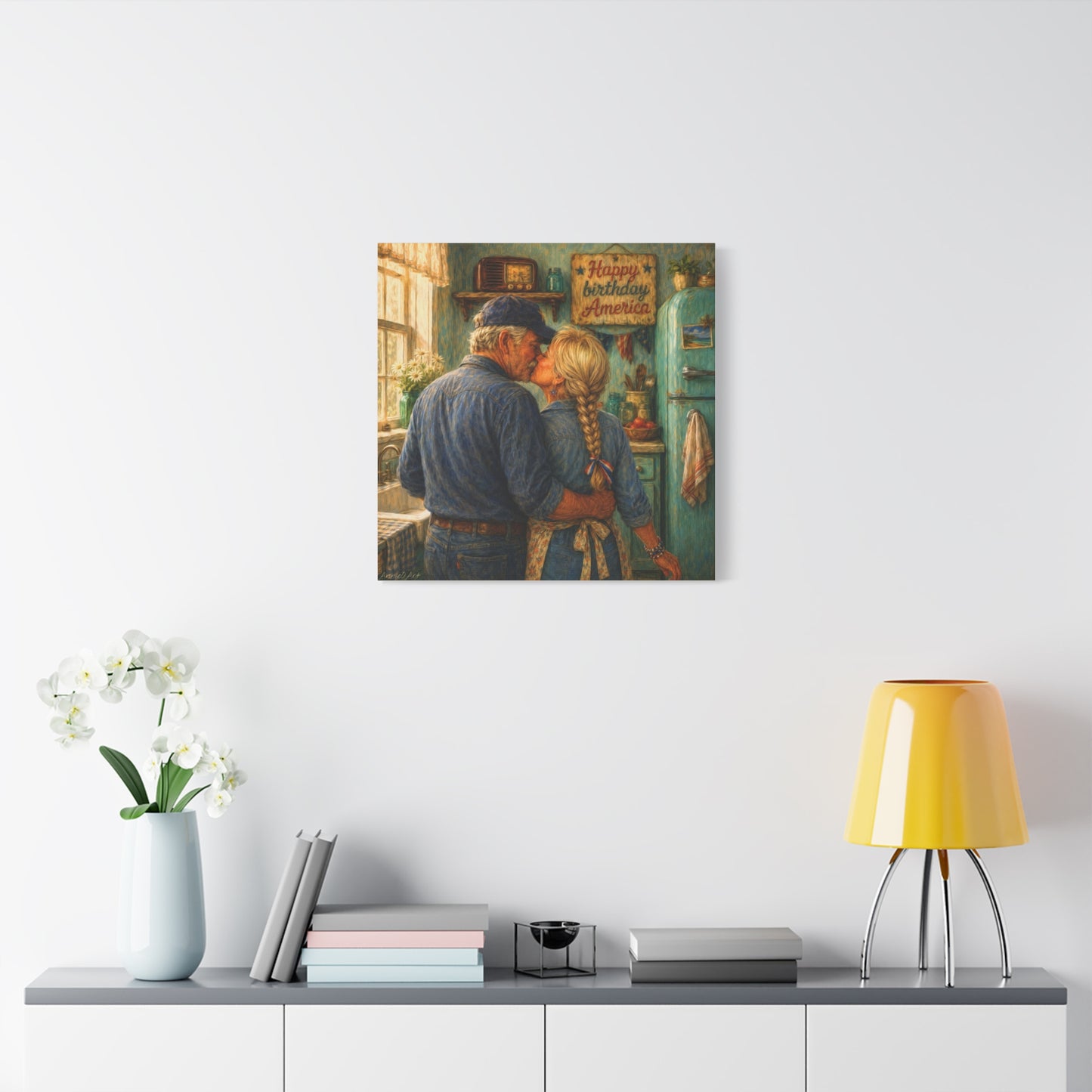 Patriotic Country Kitchen Canvas - "Happy Birthday America" Rustic Couple Wall Art
