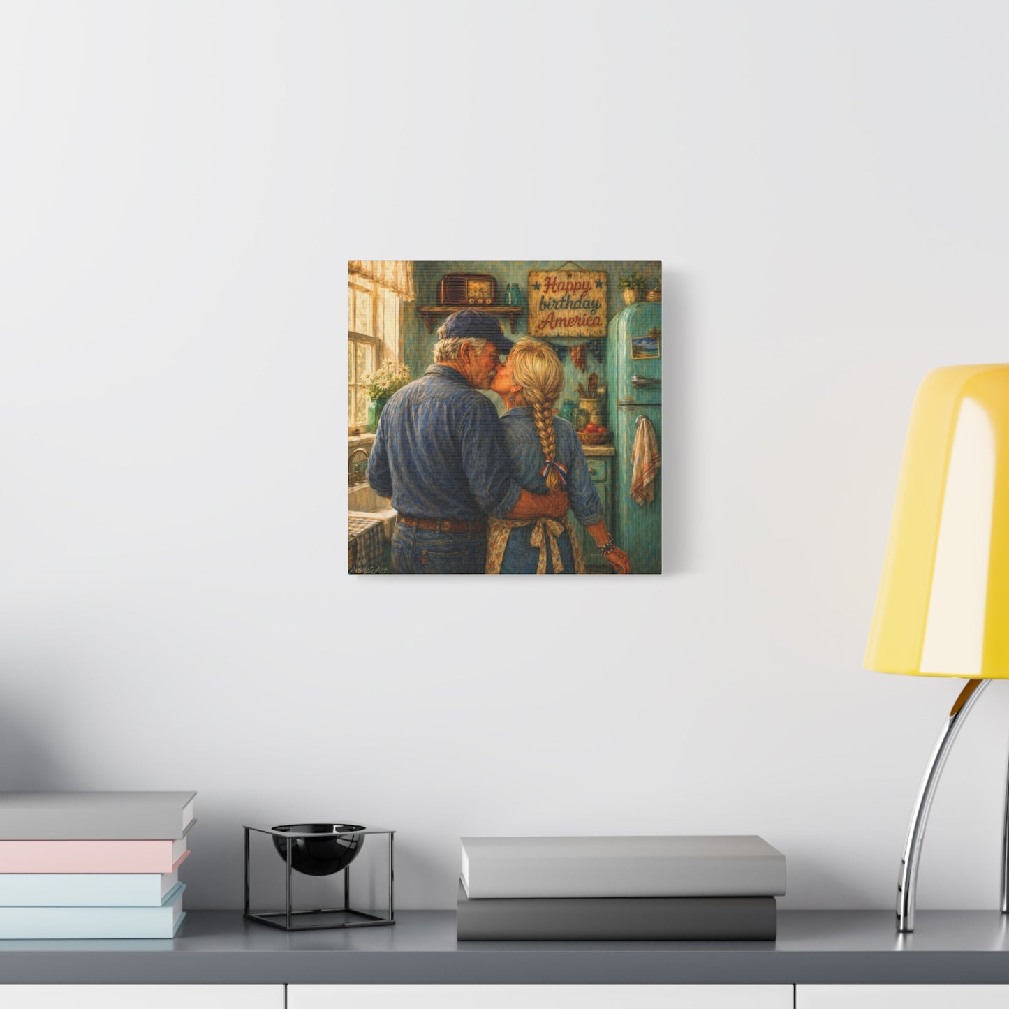 Patriotic Country Kitchen Canvas - "Happy Birthday America" Rustic Couple Wall Art