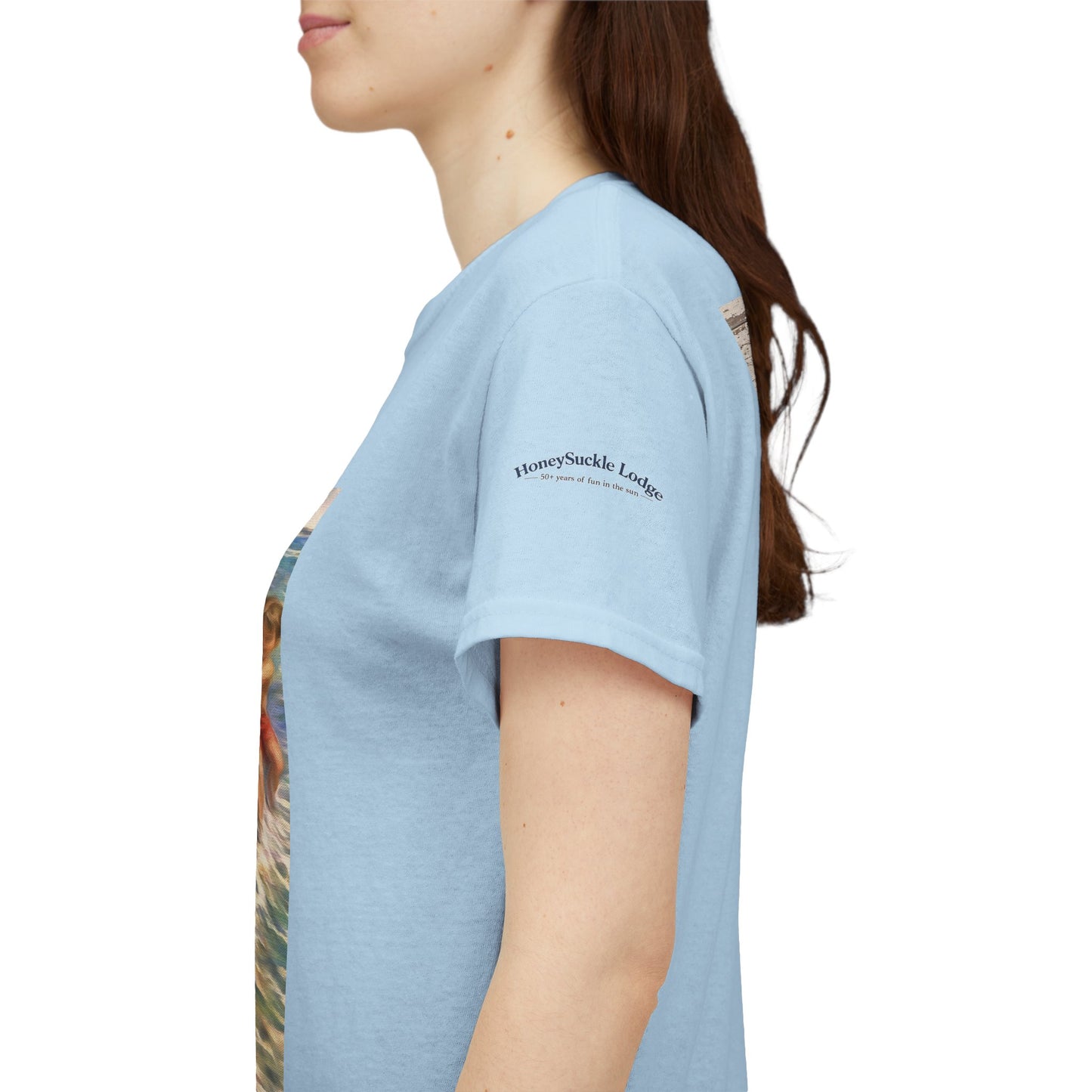 Honeysuckle Lodge Vintage Beach Print tee shirt front/back ("Honeysuckle Lodge - 50+ years of fun in the sun")
