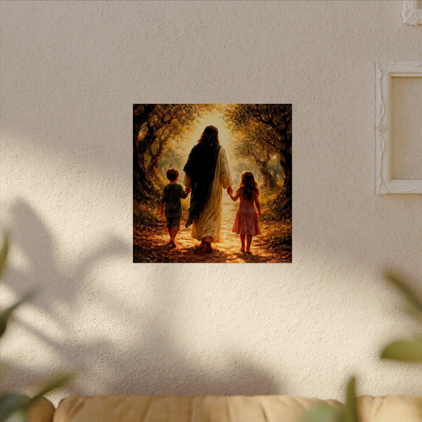 Jesus Walking with Children Watercolor Poster — Textured Matte Wall Art