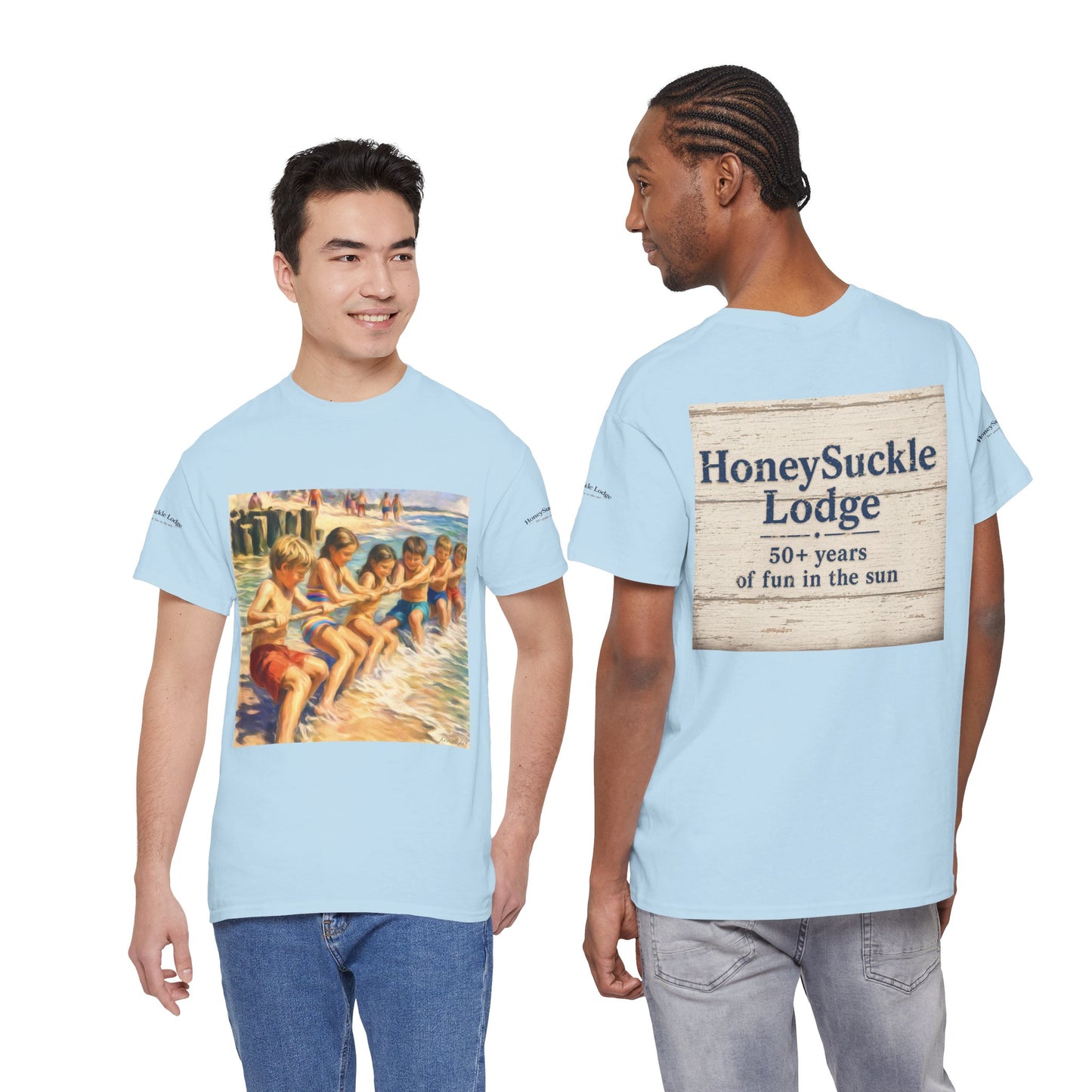 Honeysuckle Lodge Vintage Beach Print tee shirt front/back ("Honeysuckle Lodge - 50+ years of fun in the sun")
