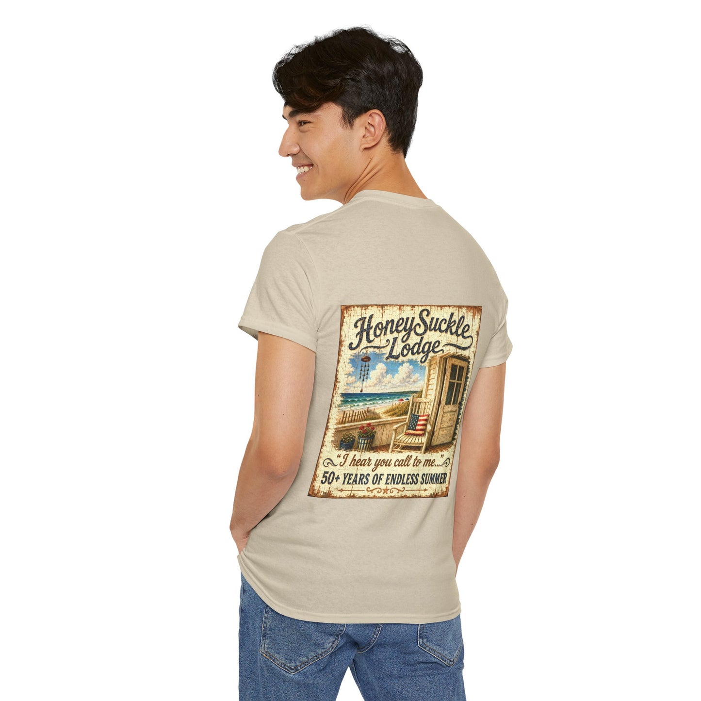 Vintage Beach T‑Shirt — 'Honeysuckle Lodge: 50+ Years of Endless Summer' Retro Seaside Tee