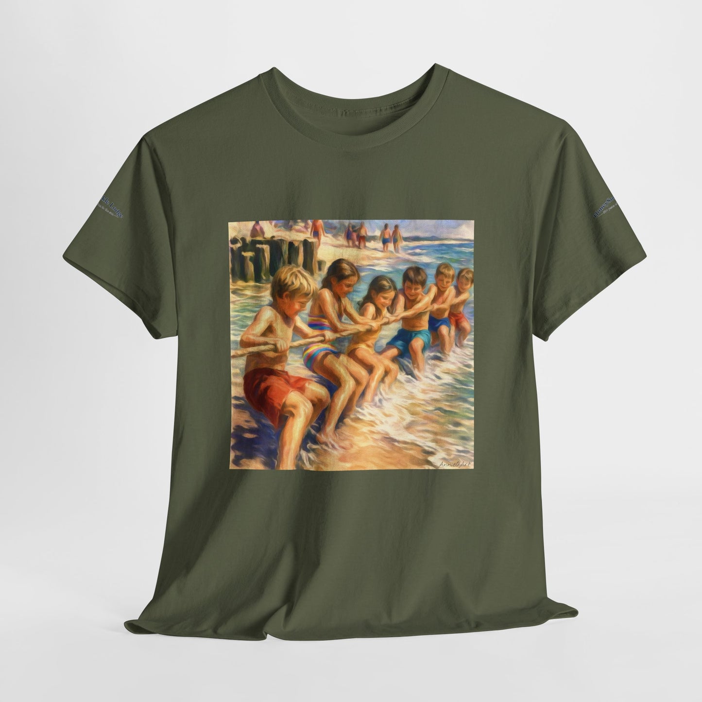 Honeysuckle Lodge Vintage Beach Print tee shirt front/back ("Honeysuckle Lodge - 50+ years of fun in the sun")