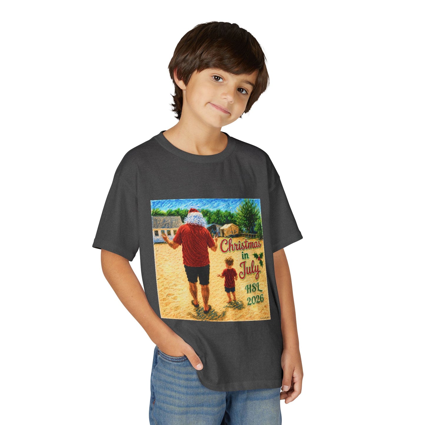 Youth T-Shirt — "Christmas in July" Beach Santa Kids Tee (HSL 2026)