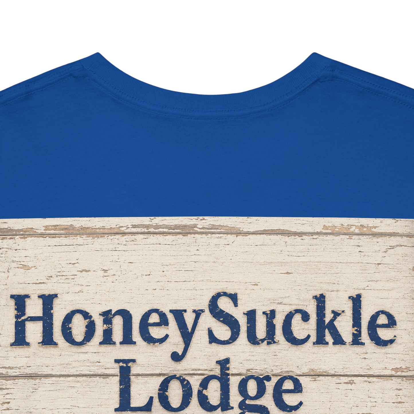 Honeysuckle Lodge Vintage Beach Print tee shirt front/back ("Honeysuckle Lodge - 50+ years of fun in the sun")