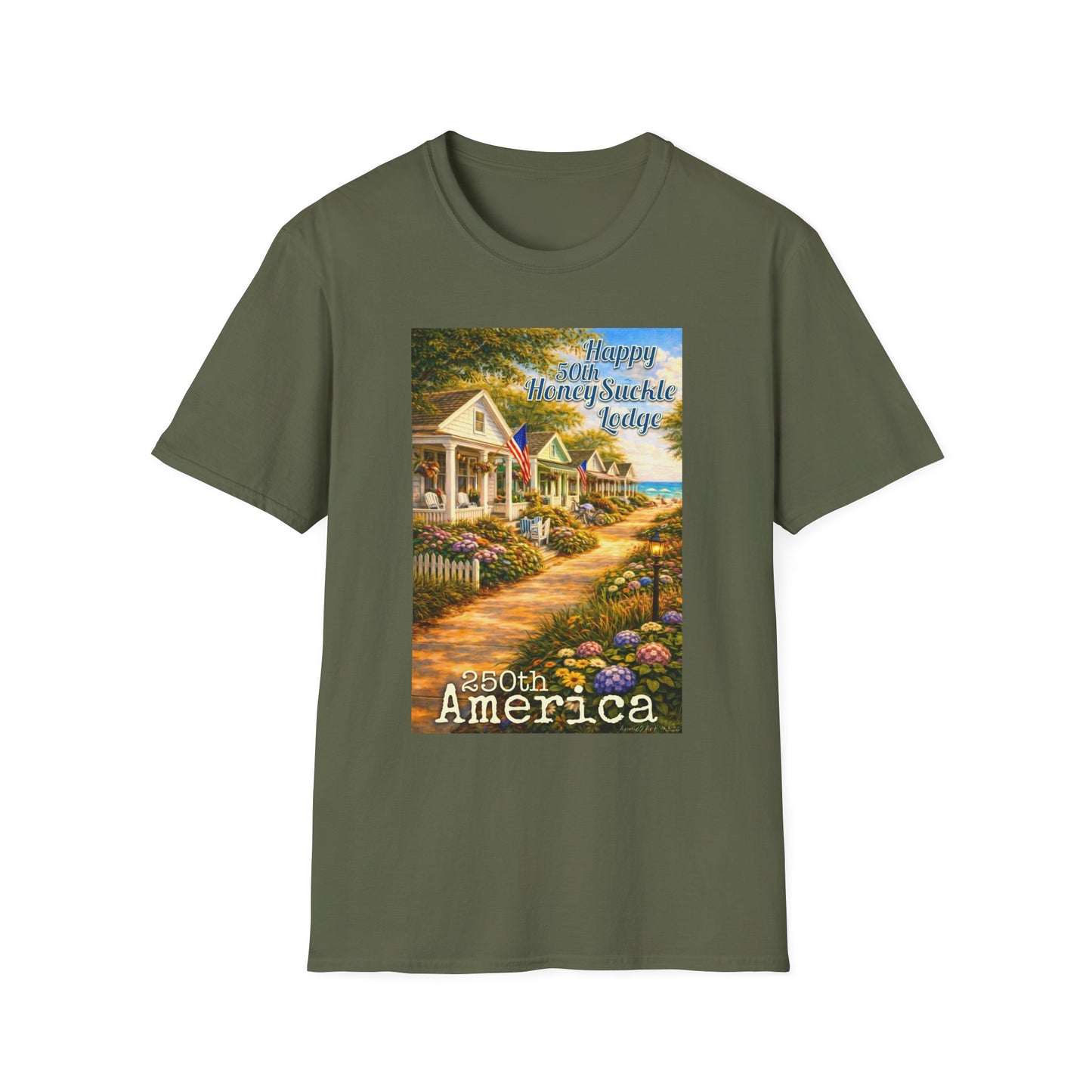 HoneySuckle Lodge 50th—America 250th Bungalow Path T-Shirt —Front & Back Design- Happy 250th Anniversary USA Patriotic Tee